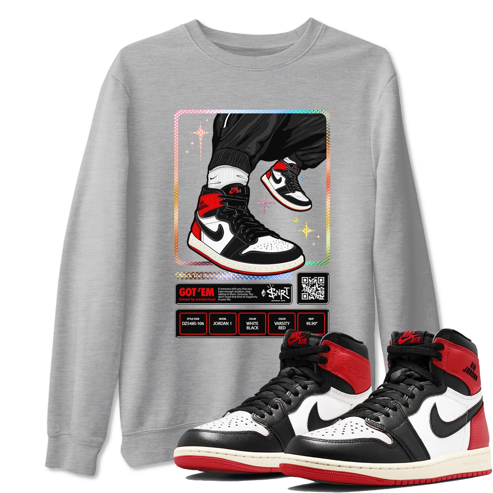 1s Black Toe Reimagined shirts to match jordans Sneaker Trading Card sneaker match tees Air Jordan 1 Black Toe Reimagined SNRT Sneaker Tees streetwear brand Heather Grey 1 unisex cotton tee