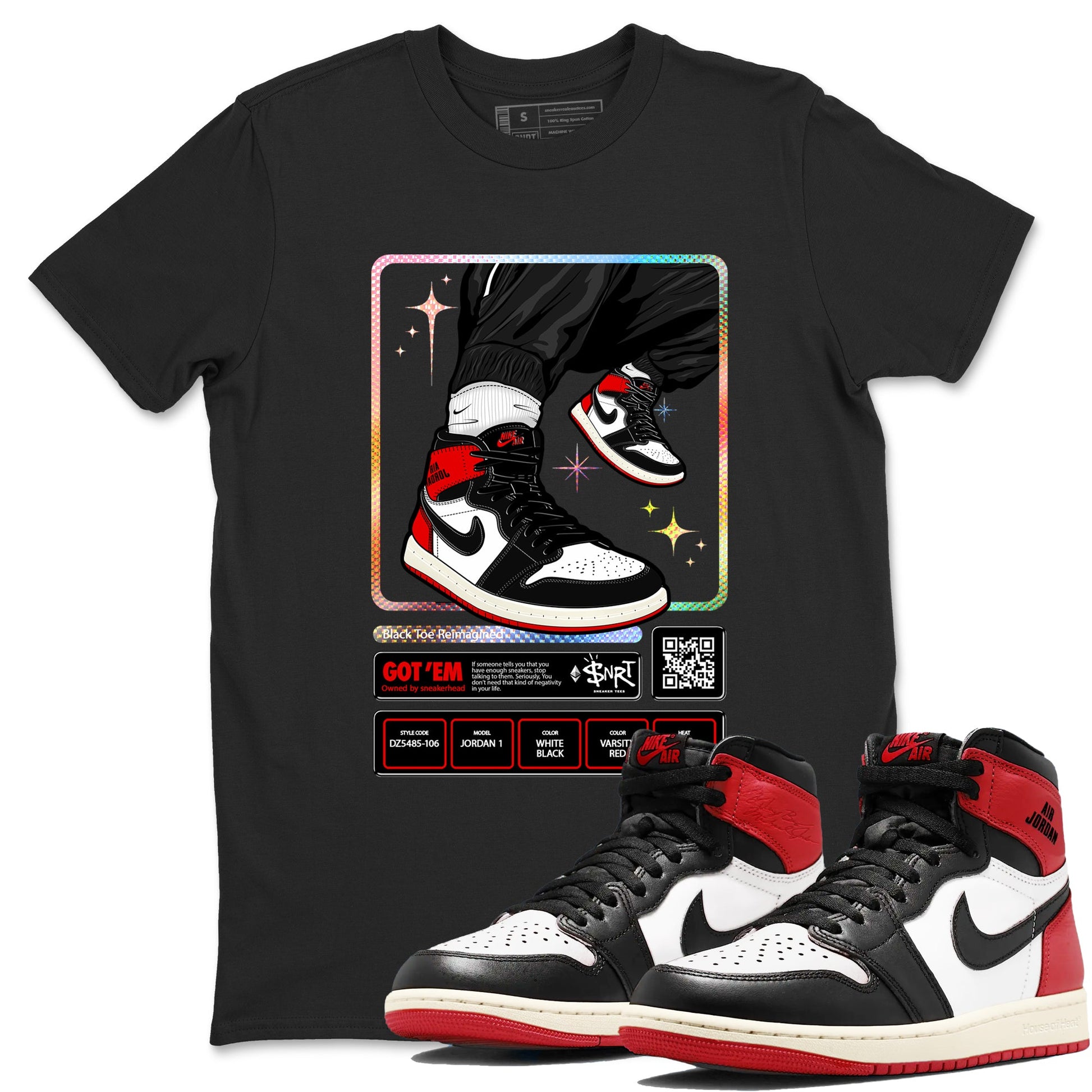1s Black Toe Reimagined shirts to match jordans Sneaker Trading Card sneaker match tees Air Jordan 1 Black Toe Reimagined SNRT Sneaker Tees streetwear brand Black 1 unisex cotton tee