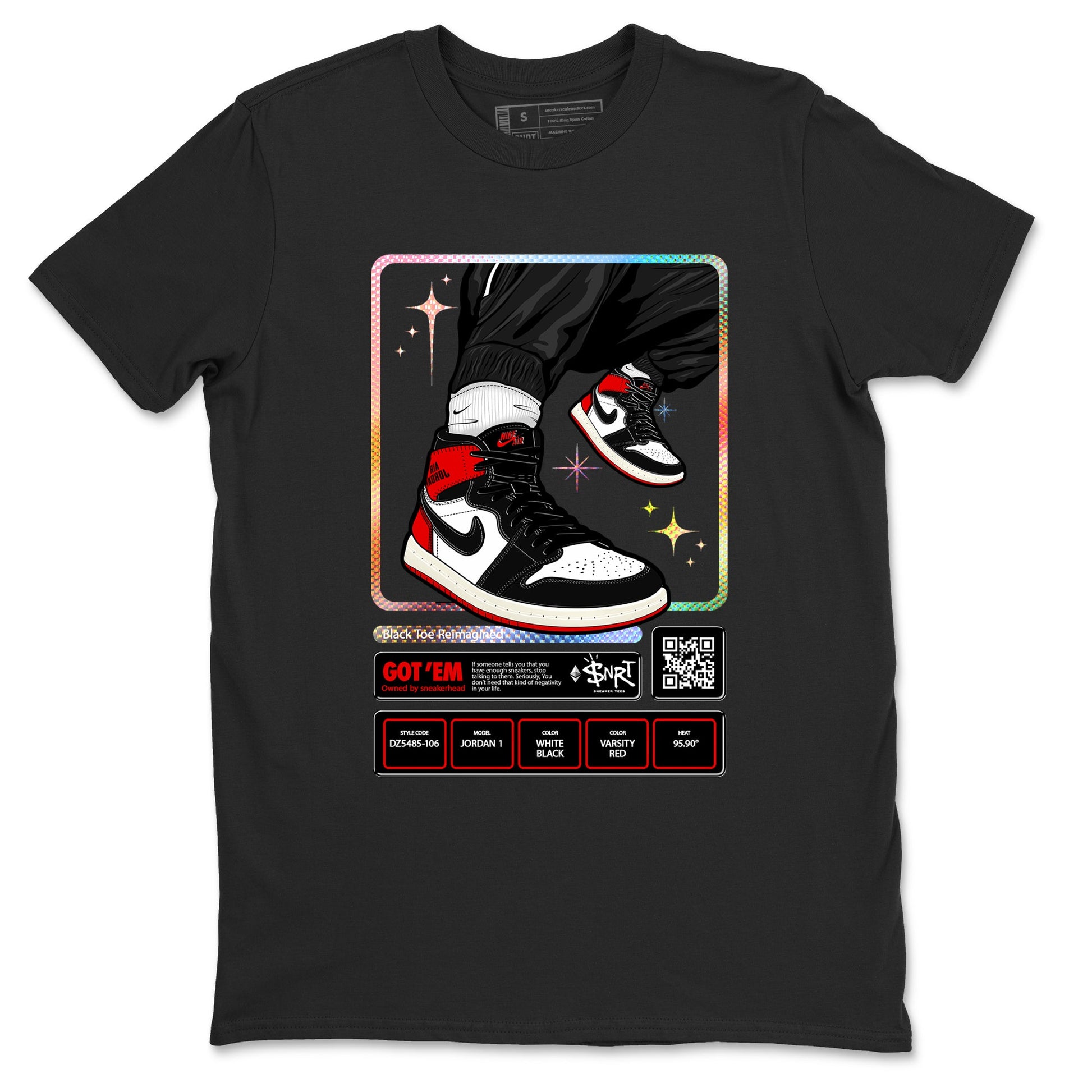 1s Black Toe Reimagined shirts to match jordans Sneaker Trading Card sneaker match tees Air Jordan 1 Black Toe Reimagined SNRT Sneaker Tees streetwear brand Black 2 unisex cotton tee