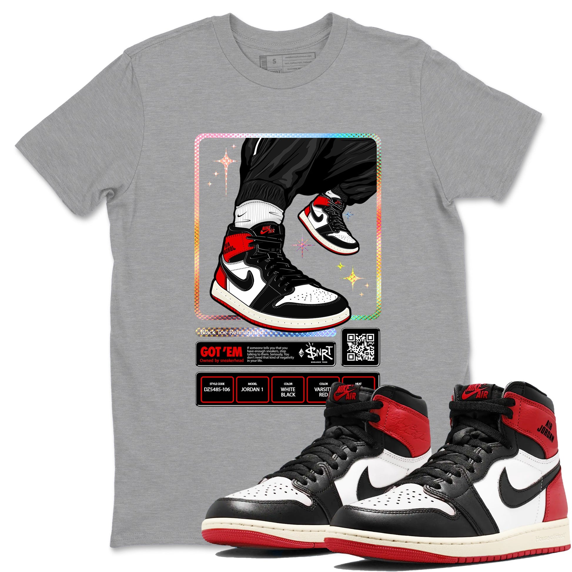 1s Black Toe Reimagined shirts to match jordans Sneaker Trading Card sneaker match tees Air Jordan 1 Black Toe Reimagined SNRT Sneaker Tees streetwear brand Heather Grey 1 unisex cotton tee