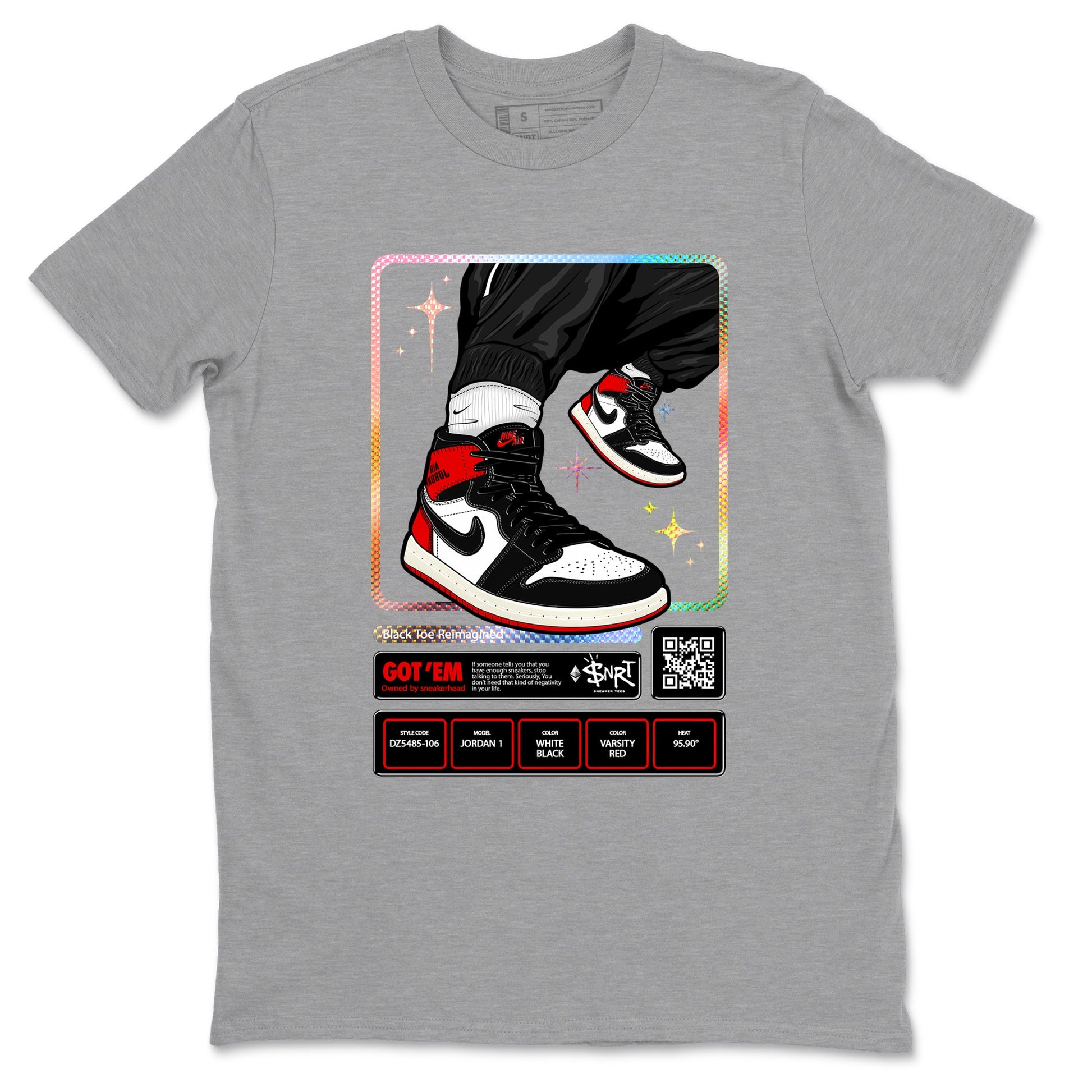 1s Black Toe Reimagined shirts to match jordans Sneaker Trading Card sneaker match tees Air Jordan 1 Black Toe Reimagined SNRT Sneaker Tees streetwear brand Heather Grey 2 unisex cotton tee