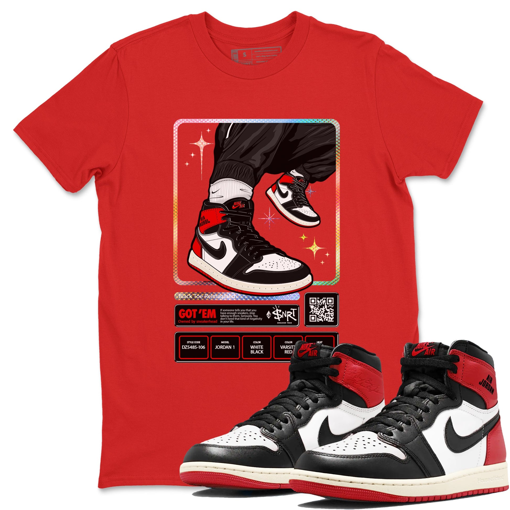 1s Black Toe Reimagined shirts to match jordans Sneaker Trading Card sneaker match tees Air Jordan 1 Black Toe Reimagined SNRT Sneaker Tees streetwear brand Red 1 unisex cotton tee