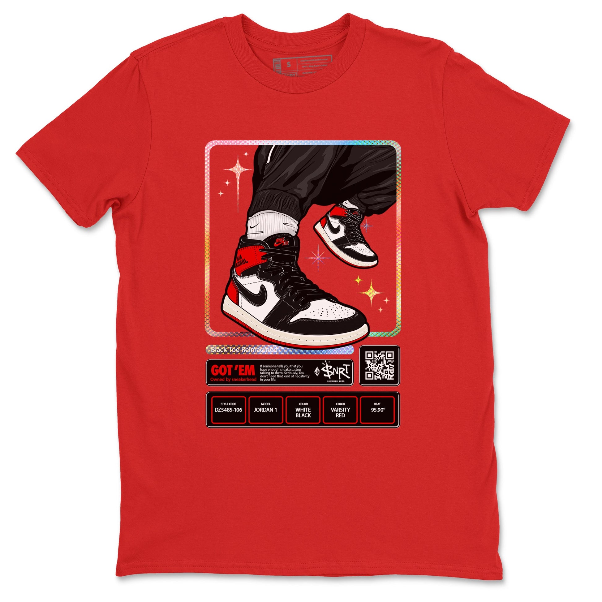 1s Black Toe Reimagined shirts to match jordans Sneaker Trading Card sneaker match tees Air Jordan 1 Black Toe Reimagined SNRT Sneaker Tees streetwear brand Red 2 unisex cotton tee