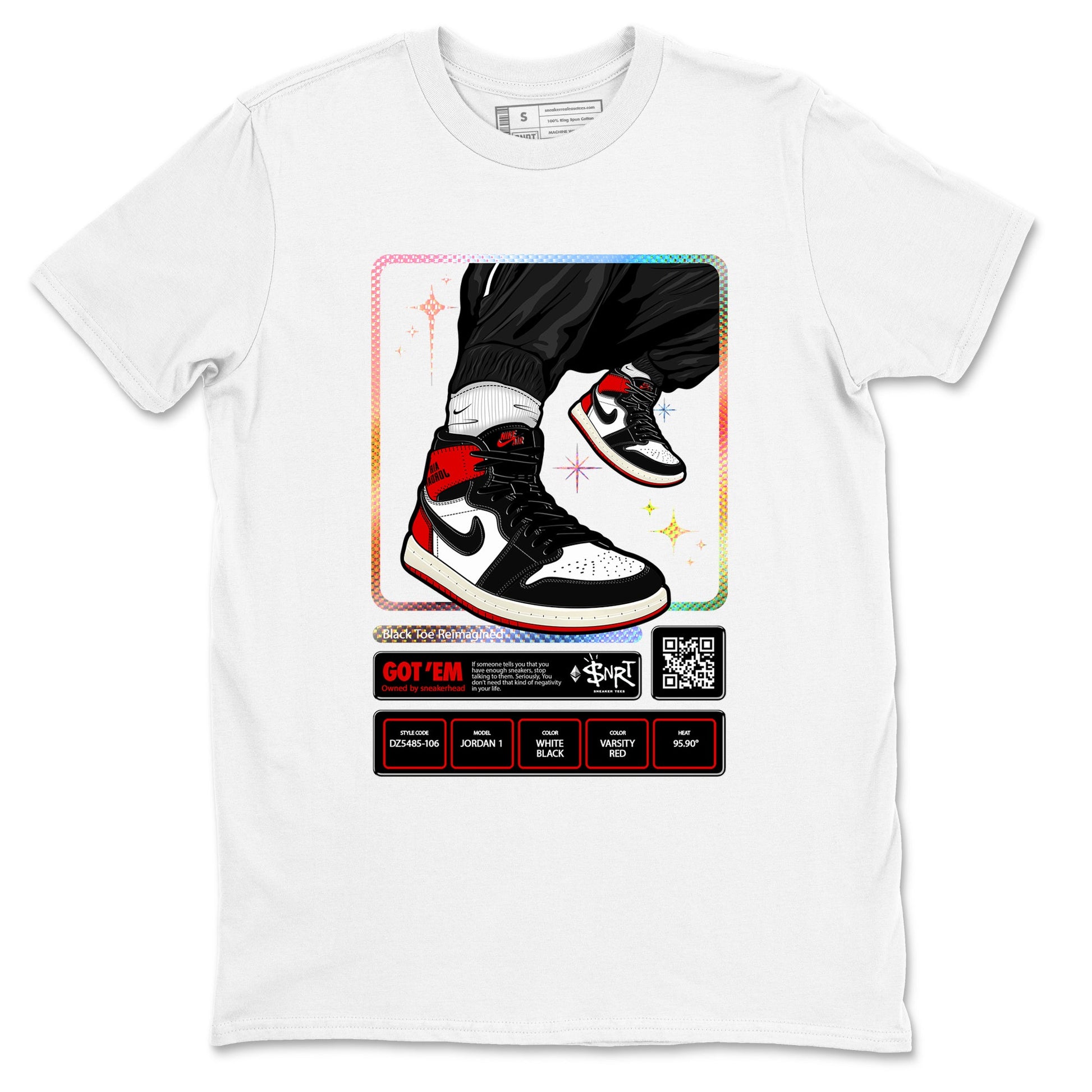 1s Black Toe Reimagined shirts to match jordans Sneaker Trading Card sneaker match tees Air Jordan 1 Black Toe Reimagined SNRT Sneaker Tees streetwear brand White 2 unisex cotton tee
