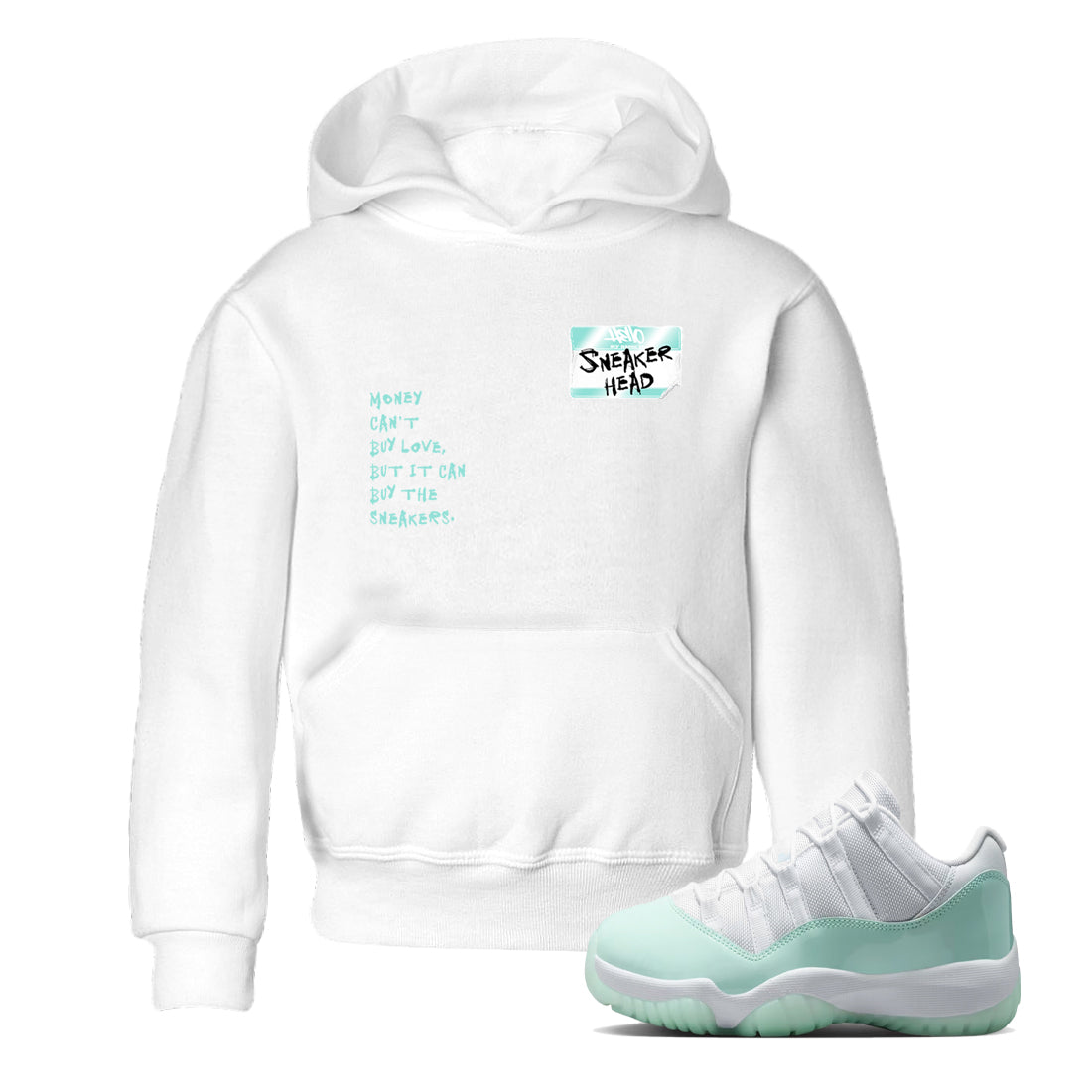 Sneakerhead Badge baby and kids t-shirt crafted for little sneakerheads to shine with the Air Jordan 11 Igloo sneakers, displayed in White 1.