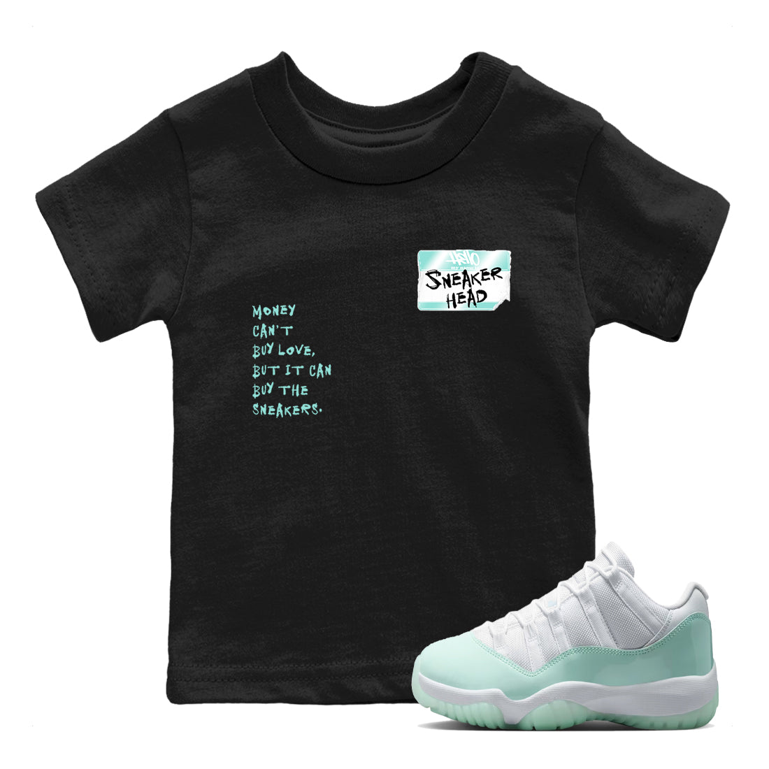 Sneakerhead Badge baby and kids t-shirt crafted for little sneakerheads to shine with the Air Jordan 11 Igloo sneakers, displayed in Black 1.