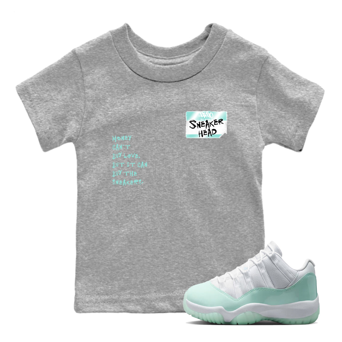 Sneakerhead Badge baby and kids t-shirt crafted for little sneakerheads to shine with the Air Jordan 11 Igloo sneakers, displayed in Heather Grey 1.
