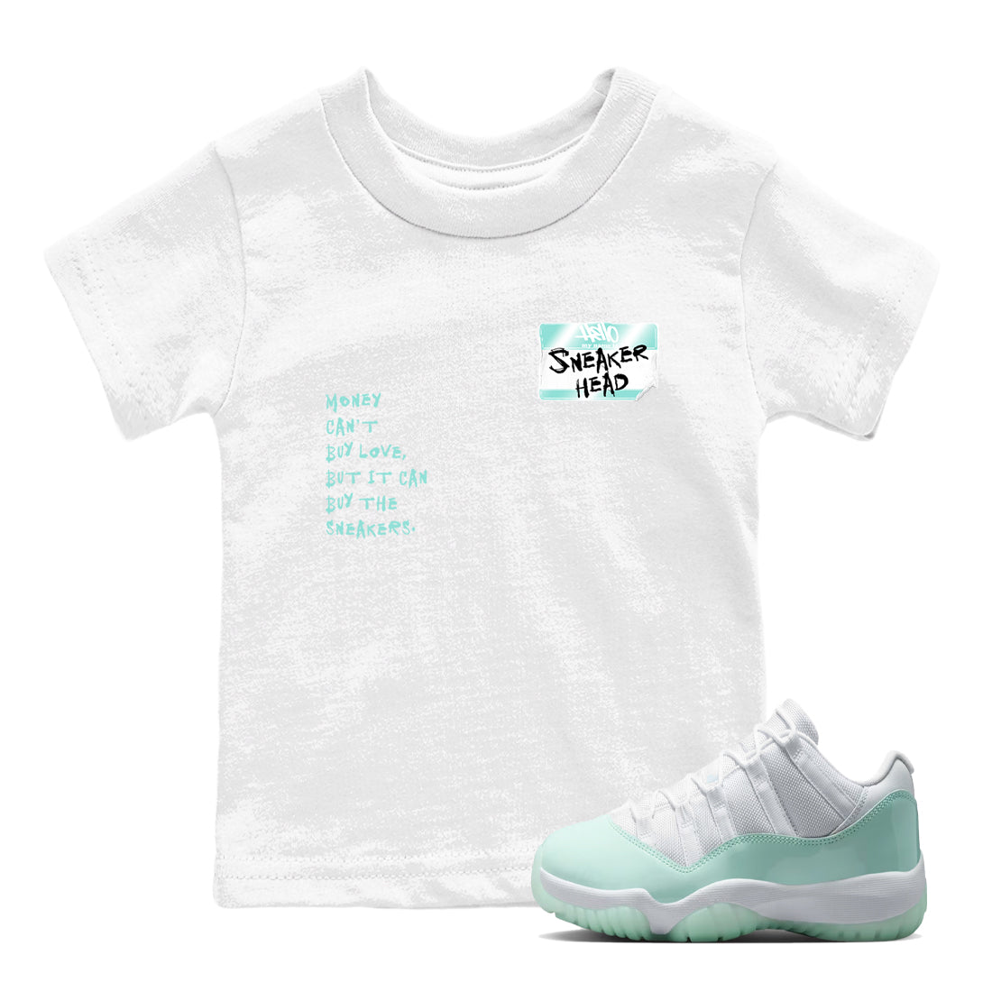 Sneakerhead Badge baby and kids t-shirt crafted for little sneakerheads to shine with the Air Jordan 11 Igloo sneakers, displayed in White 1.
