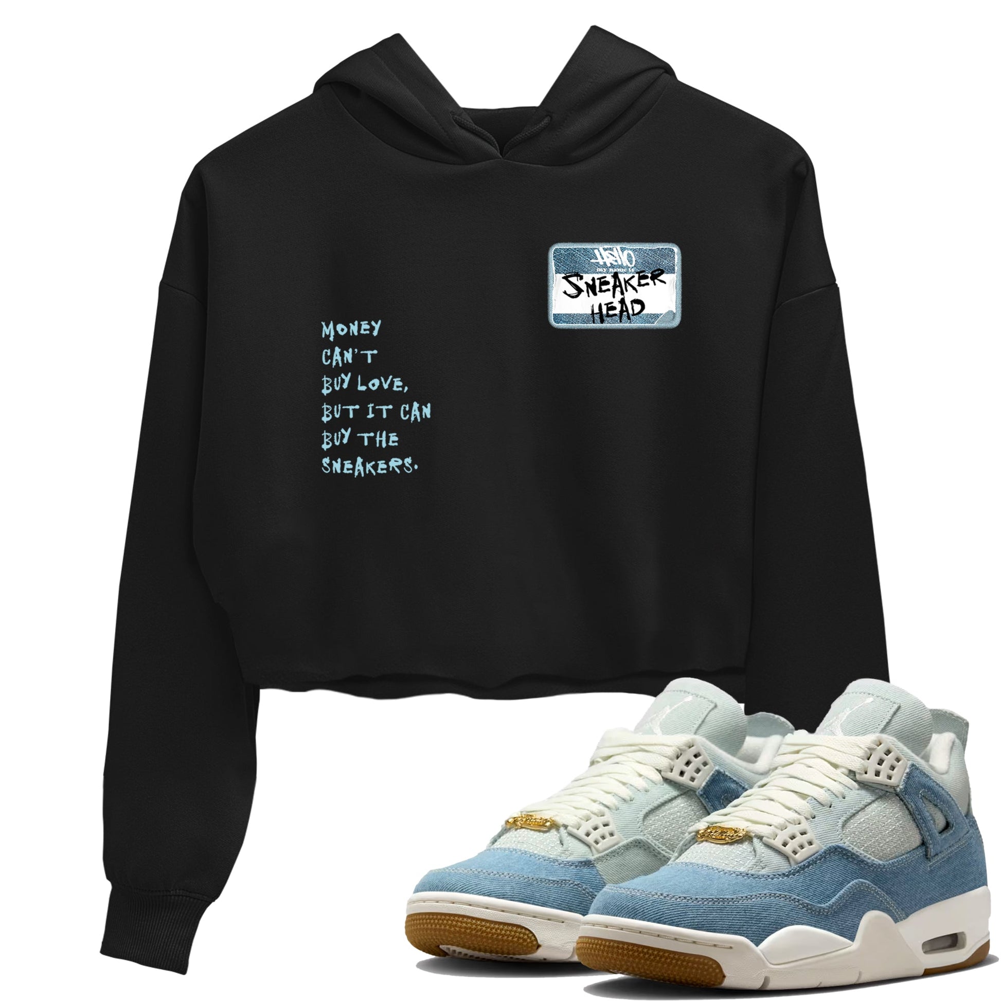 Sneaker match tees – Sneaker Tees To Match 4s Worn Blue Air Jordan 4 Denim Shoes – Sneakerhead Badge Crop T-Shirt Black 1