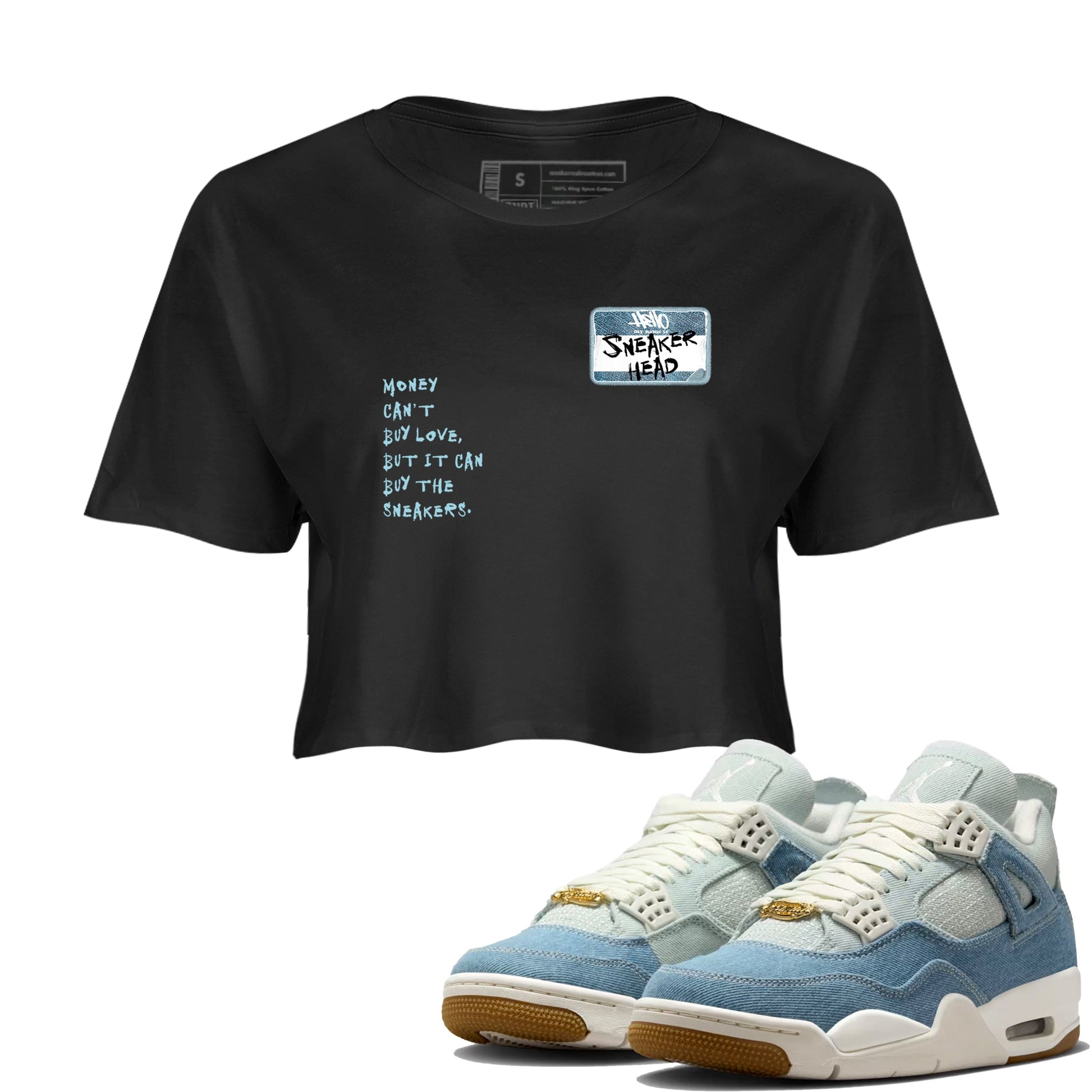 Sneaker match tees – Sneaker Tees To Match 4s Worn Blue Air Jordan 4 Denim Shoes – Sneakerhead Badge Crop T-Shirt Black 1
