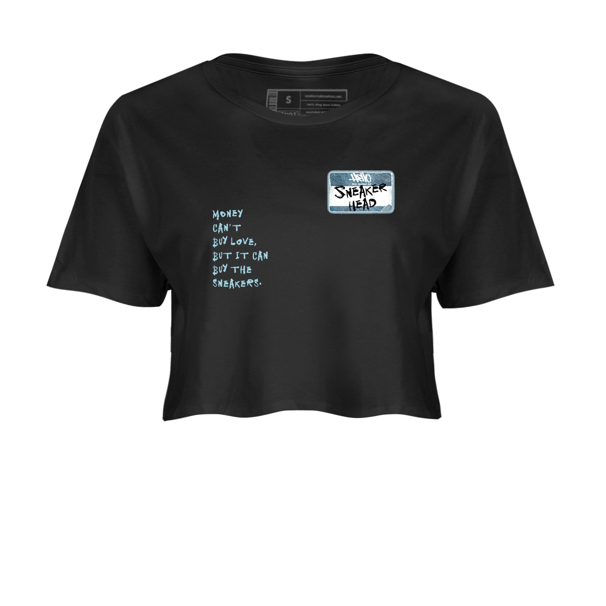Sneaker match tees – Sneaker Tees To Match 4s Worn Blue Air Jordan 4 Denim Shoes – Sneakerhead Badge Crop T-Shirt Black 2