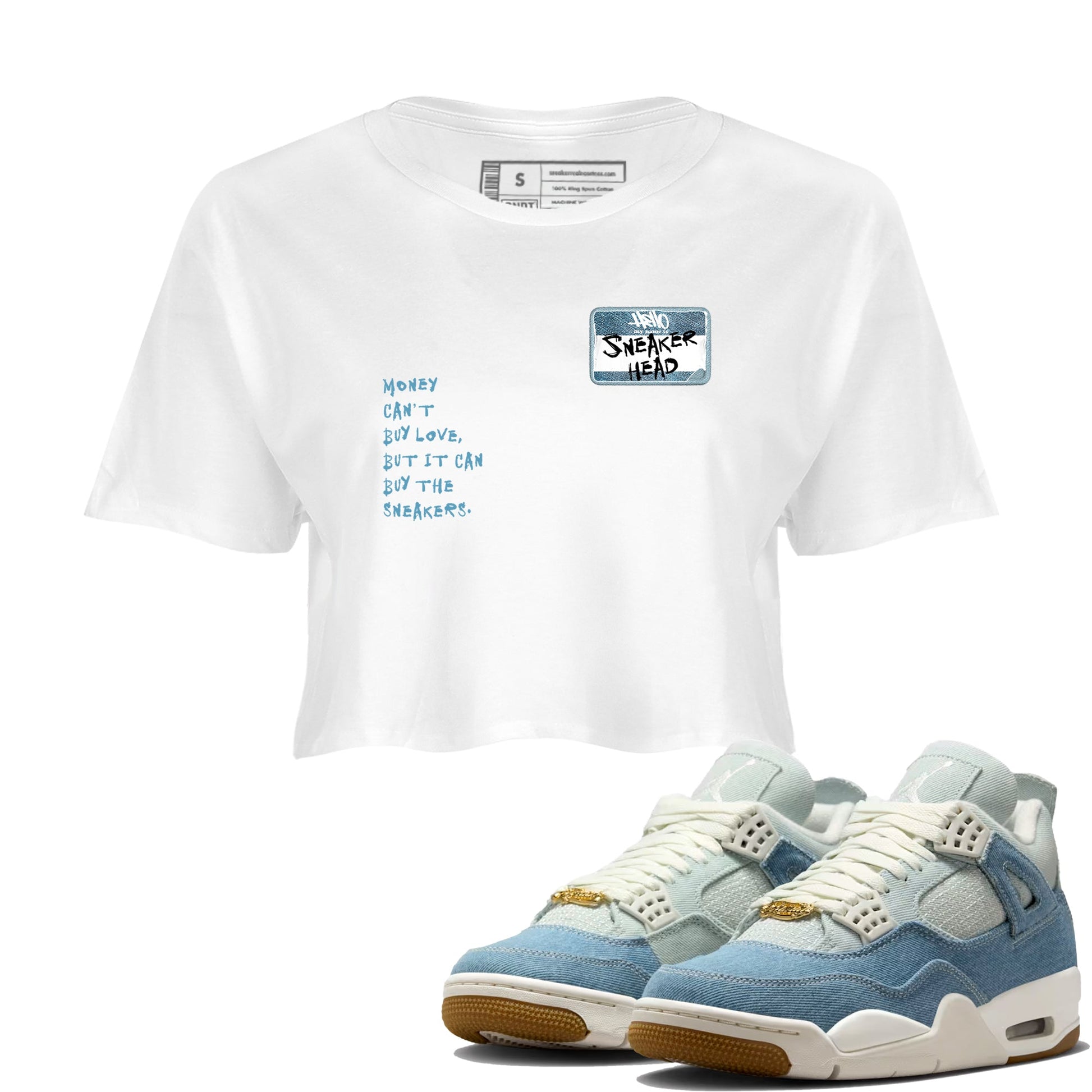 Sneaker match tees – Sneaker Tees To Match 4s Worn Blue Air Jordan 4 Denim Shoes – Sneakerhead Badge Crop T-Shirt White 1