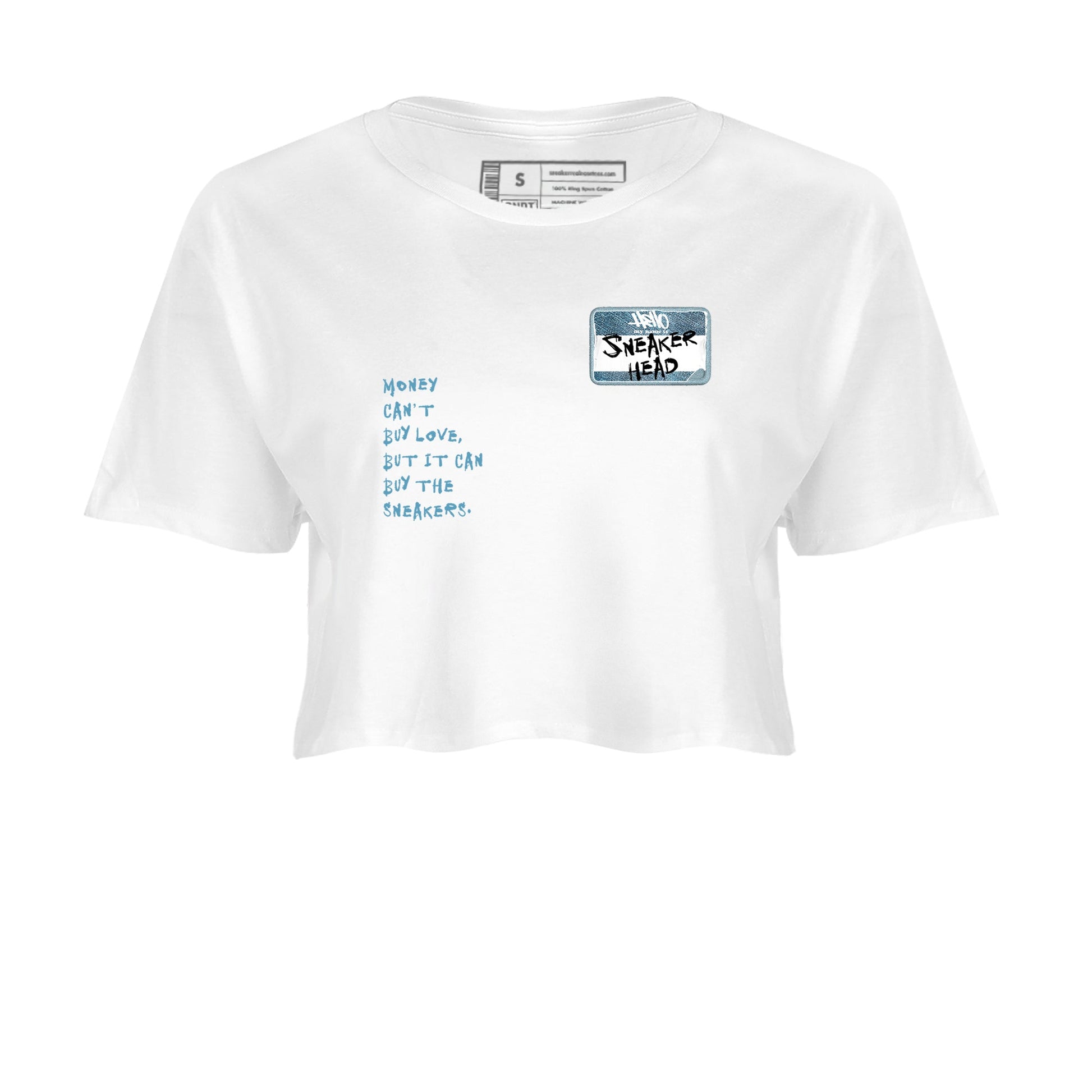 Sneaker match tees – Sneaker Tees To Match 4s Worn Blue Air Jordan 4 Denim Shoes – Sneakerhead Badge Crop T-Shirt White 2