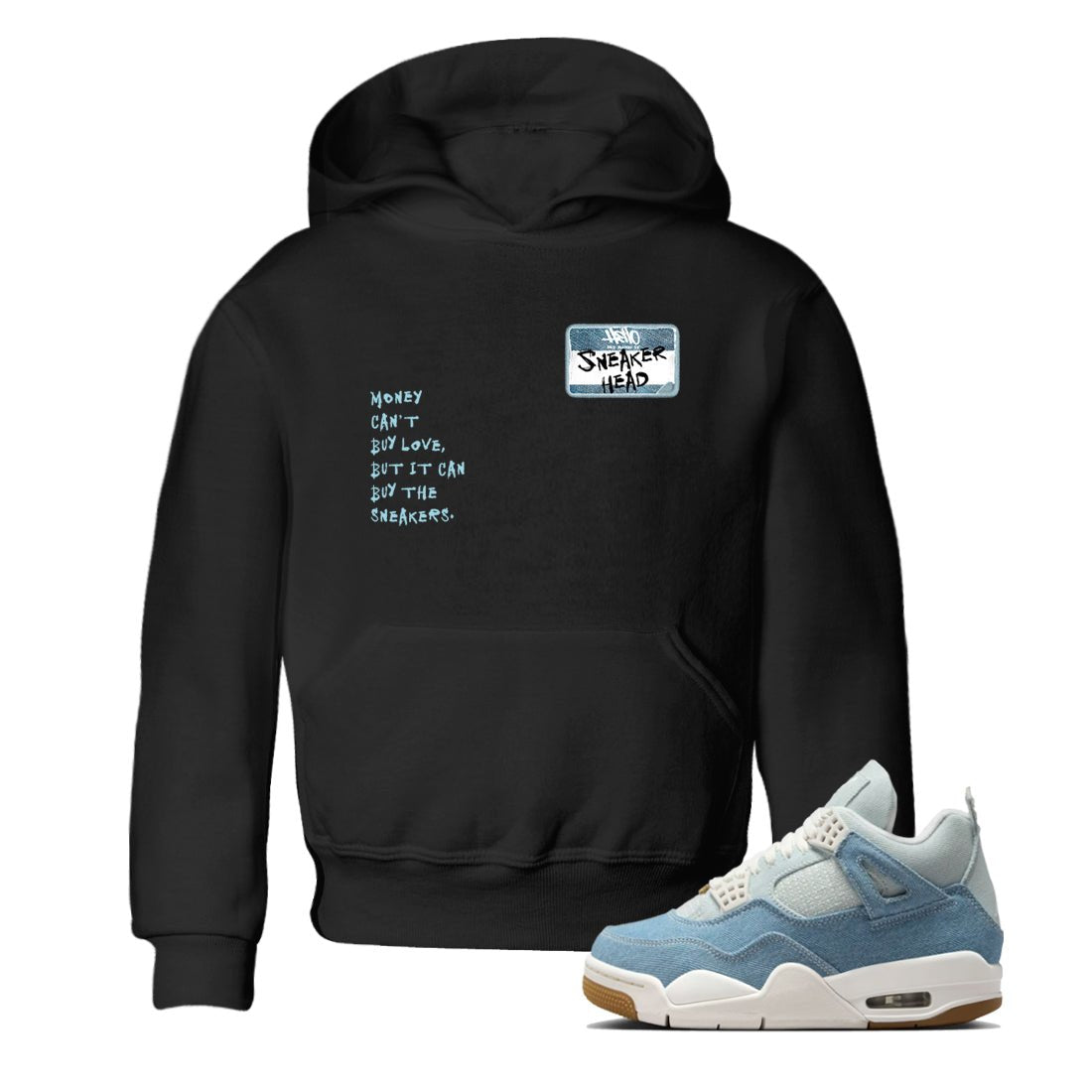 Sneaker match tees – Sneaker Tees To Match 4s Worn Blue Air Jordan 4 Denim Shoes – Sneakerhead Badge Kids T-Shirt Black 1