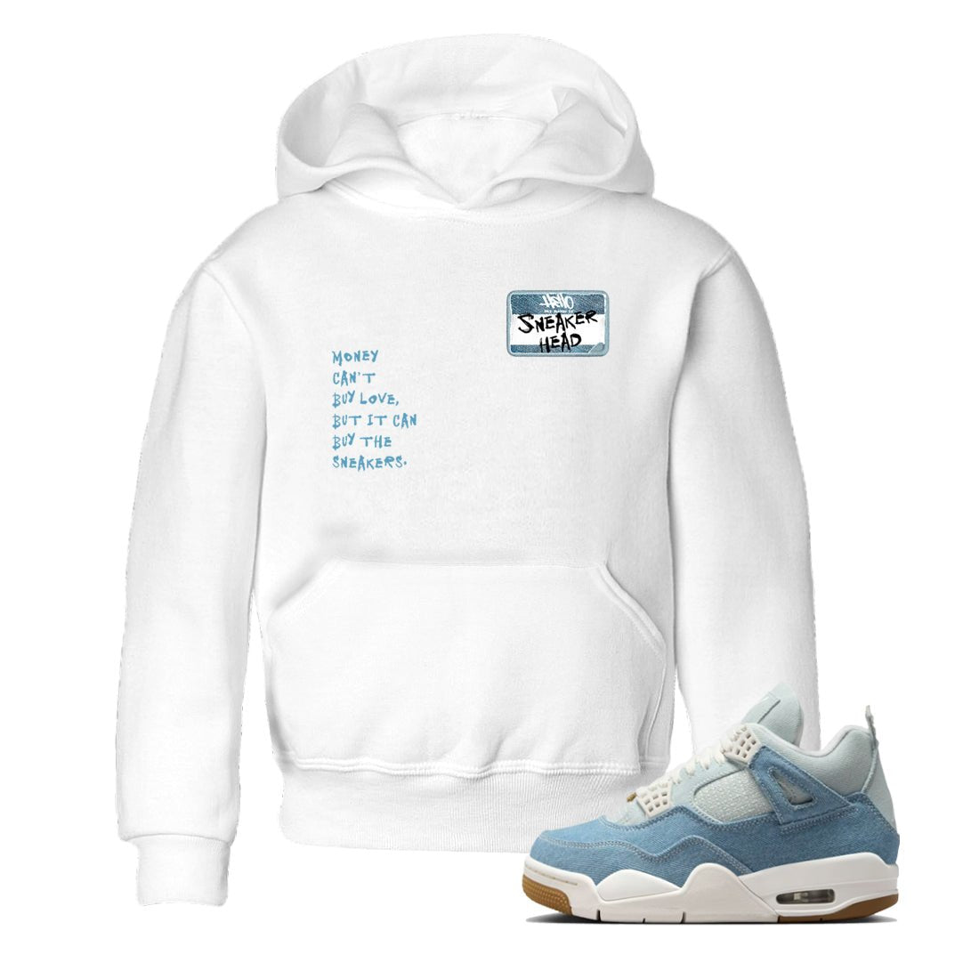 Sneaker match tees – Sneaker Tees To Match 4s Worn Blue Air Jordan 4 Denim Shoes – Sneakerhead Badge Kids T-Shirt White 1