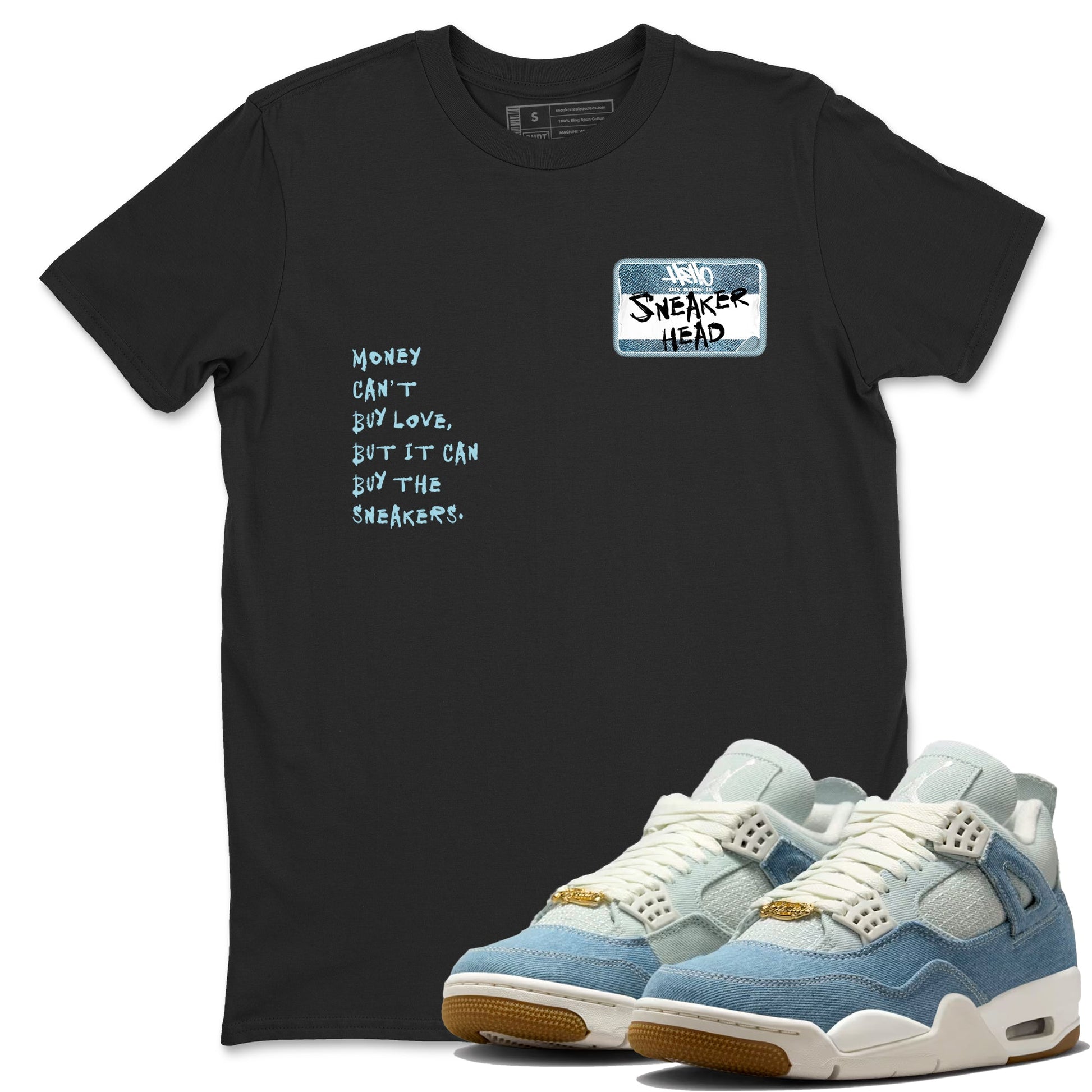 Sneaker match tees – Sneaker Tees To Match 4s Worn Blue Air Jordan 4 Denim Shoes – Sneakerhead Badge Tee Black 1