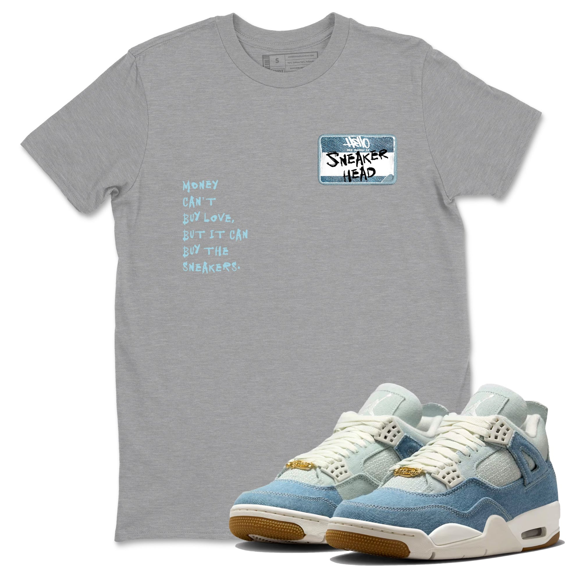 Sneaker match tees – Sneaker Tees To Match 4s Worn Blue Air Jordan 4 Denim Shoes – Sneakerhead Badge Tee Heather Grey 1