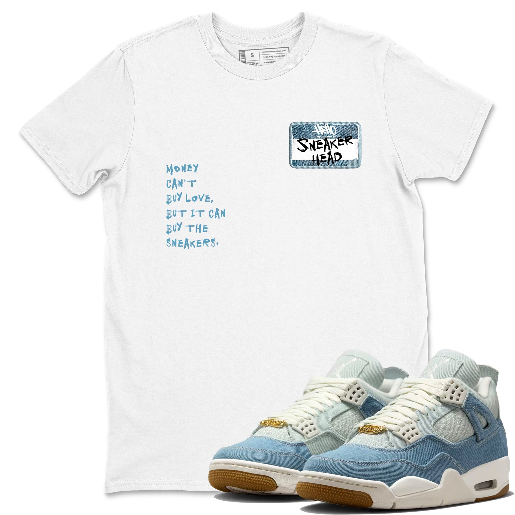 Sneaker match tees – Sneaker Tees To Match 4s Worn Blue Air Jordan 4 Denim Shoes – Sneakerhead Badge Tee White 1