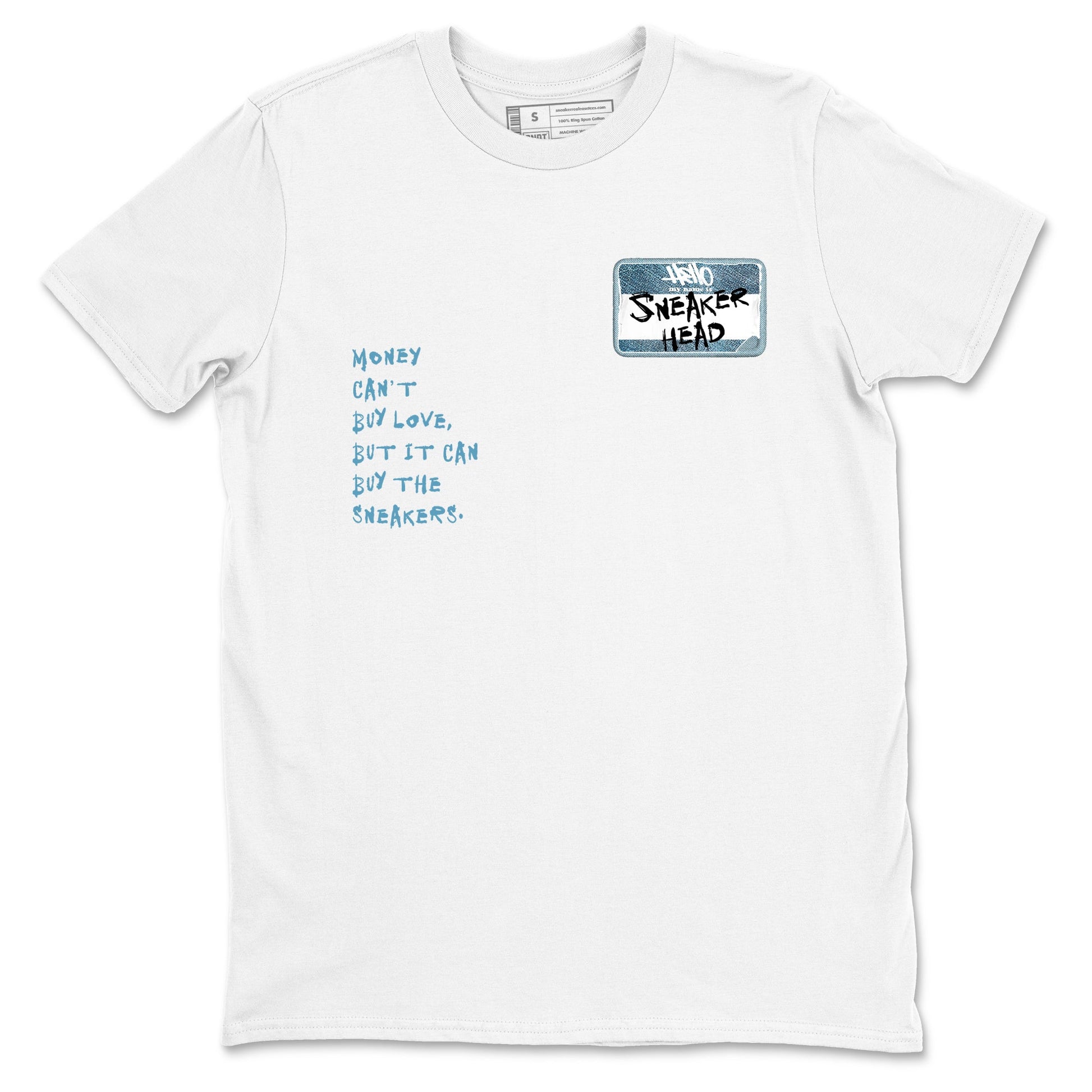 Sneaker match tees – Sneaker Tees To Match 4s Worn Blue Air Jordan 4 Denim Shoes – Sneakerhead Badge Tee White 2