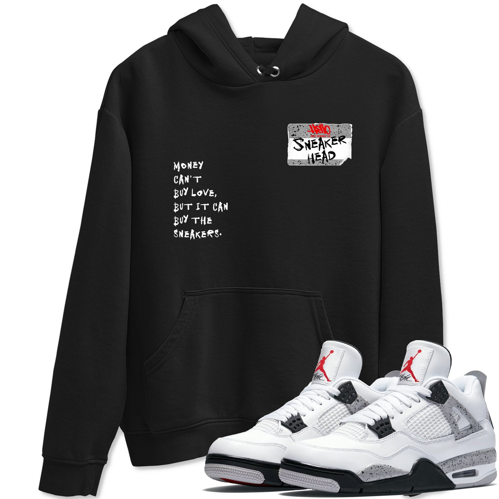 Sneakerhead Badge sneaker match t-shirt styled to complete your fit with the Air Jordan 4 White Cement sneakers, shown in Black 1.