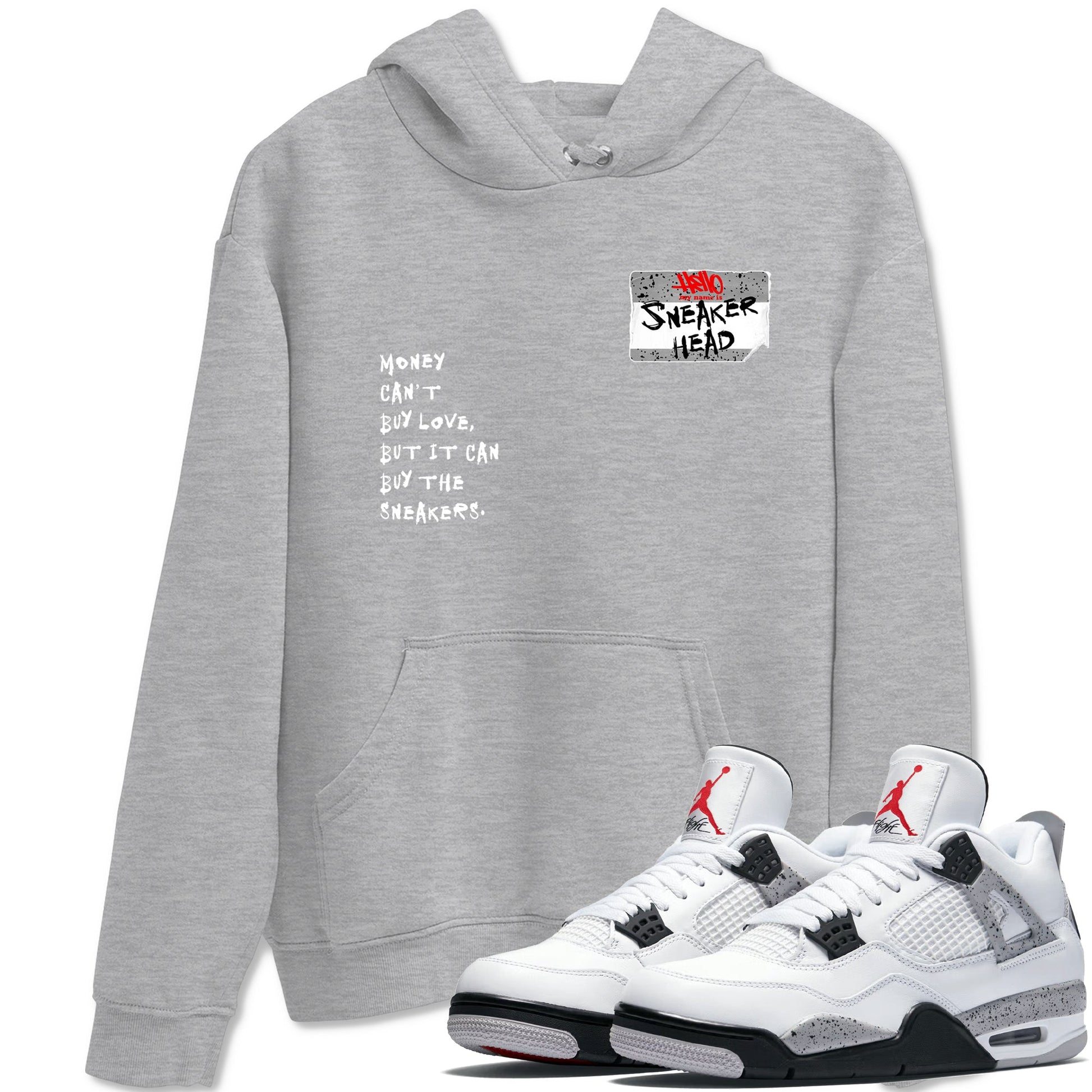 Sneakerhead Badge sneaker match t-shirt styled to complete your fit with the Air Jordan 4 White Cement sneakers, shown in Heather Grey 1.