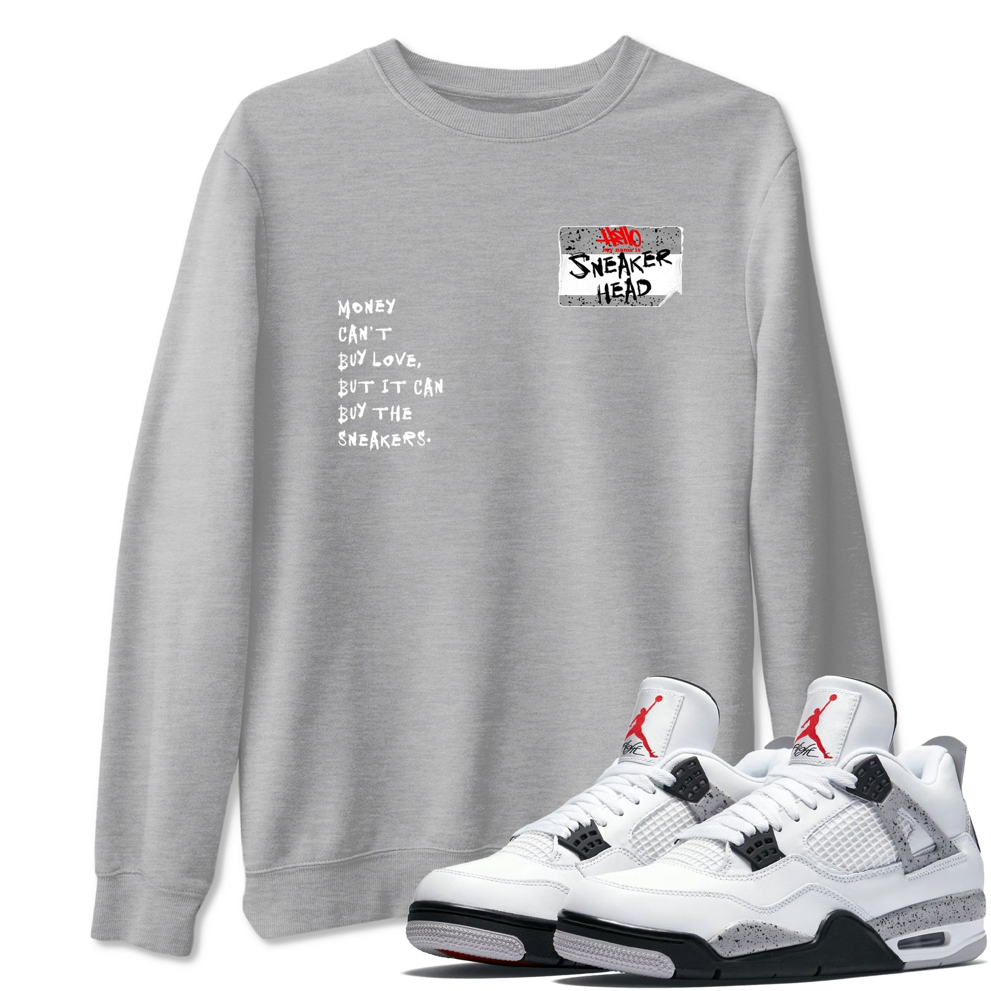 Sneakerhead Badge sneaker match t-shirt styled to complete your fit with the Air Jordan 4 White Cement sneakers, shown in Heather Grey 1.