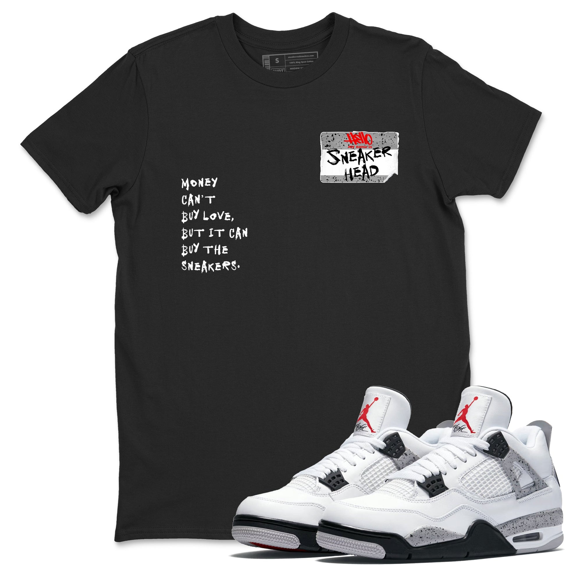 Sneakerhead Badge sneaker match t-shirt styled to complete your fit with the Air Jordan 4 White Cement sneakers, shown in Black 1.