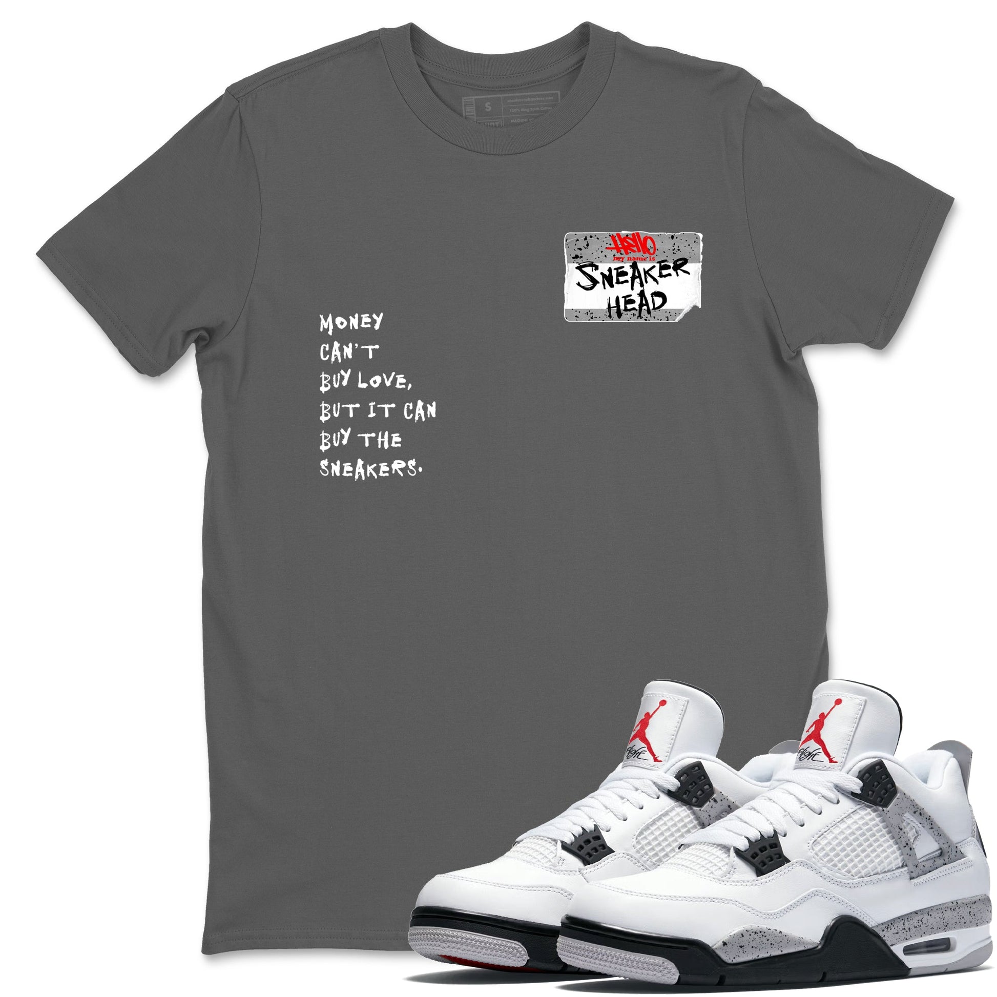 Sneakerhead Badge sneaker match t-shirt styled to complete your fit with the Air Jordan 4 White Cement sneakers, shown in Cool Grey 1.