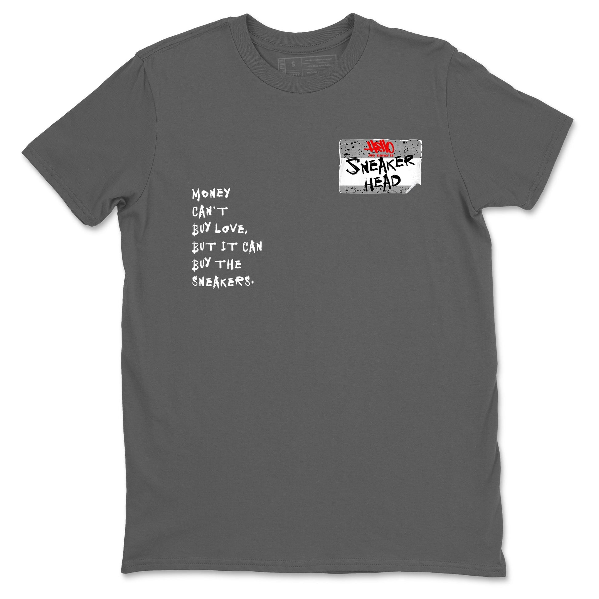 Sneakerhead Badge sneaker match t-shirt styled to complete your fit with the Air Jordan 4 White Cement sneakers, shown in Cool Grey 2.