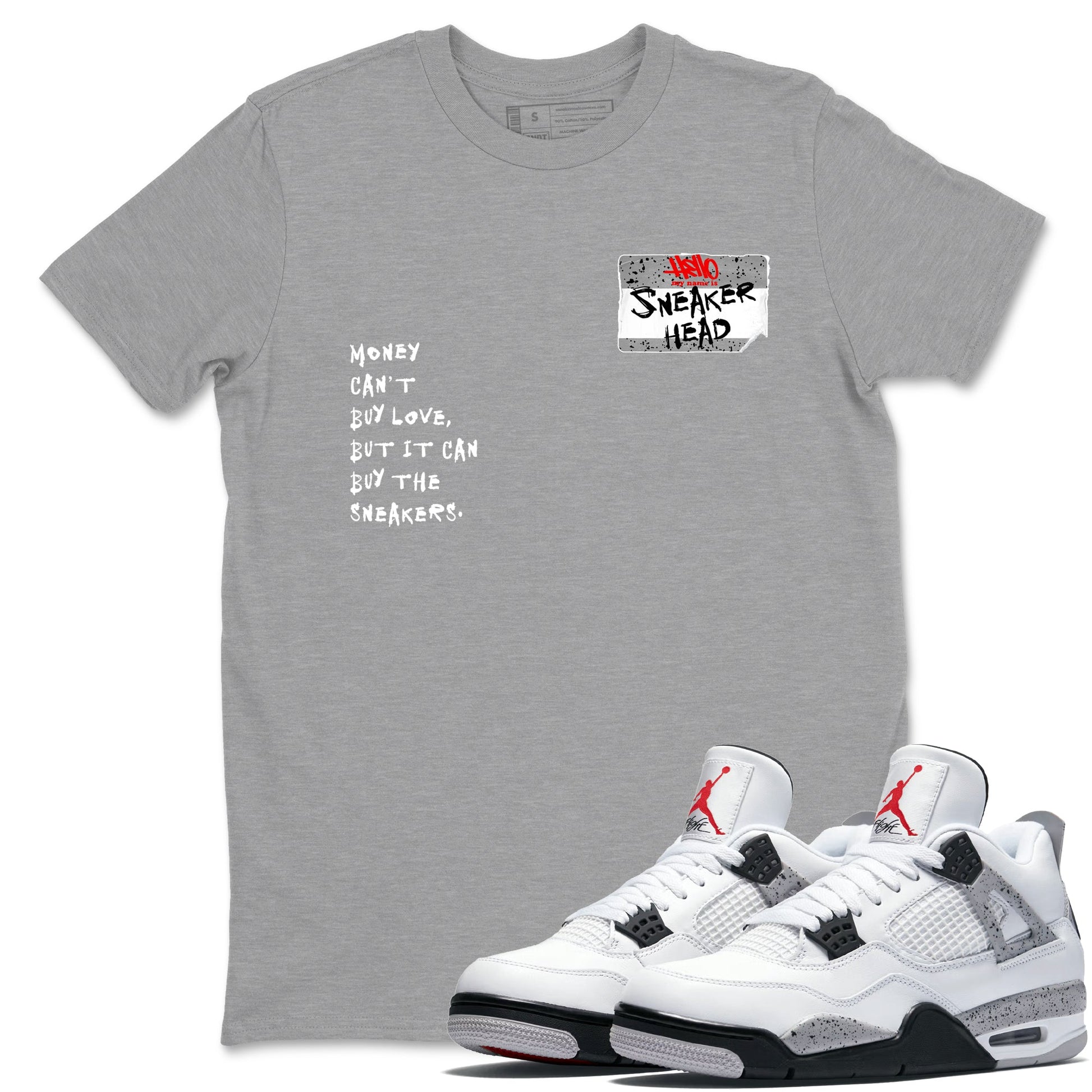 Sneakerhead Badge sneaker match t-shirt styled to complete your fit with the Air Jordan 4 White Cement sneakers, shown in Heather Grey 1.
