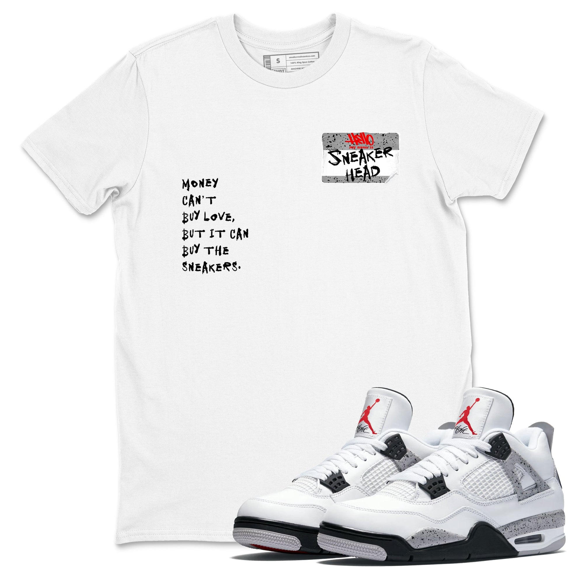 Sneakerhead Badge sneaker match t-shirt styled to complete your fit with the Air Jordan 4 White Cement sneakers, shown in White 1.