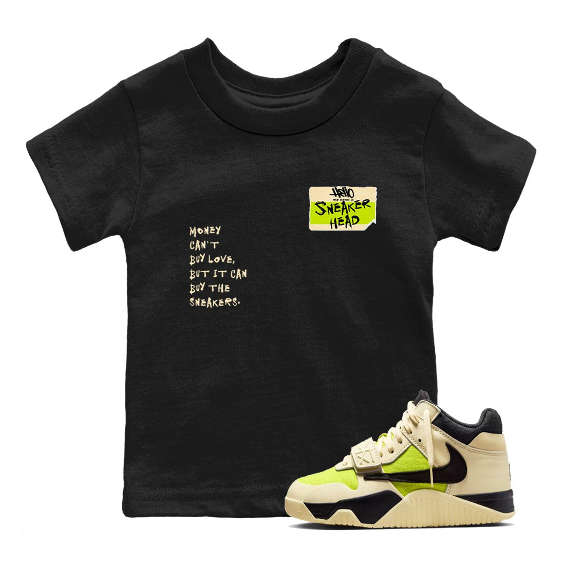 Sneakerhead Badge baby and kids t-shirt crafted for little sneakerheads to shine with the Jordan Jumpman Jack Travis Scott Bright Cactus sneakers, displayed in Black 1.