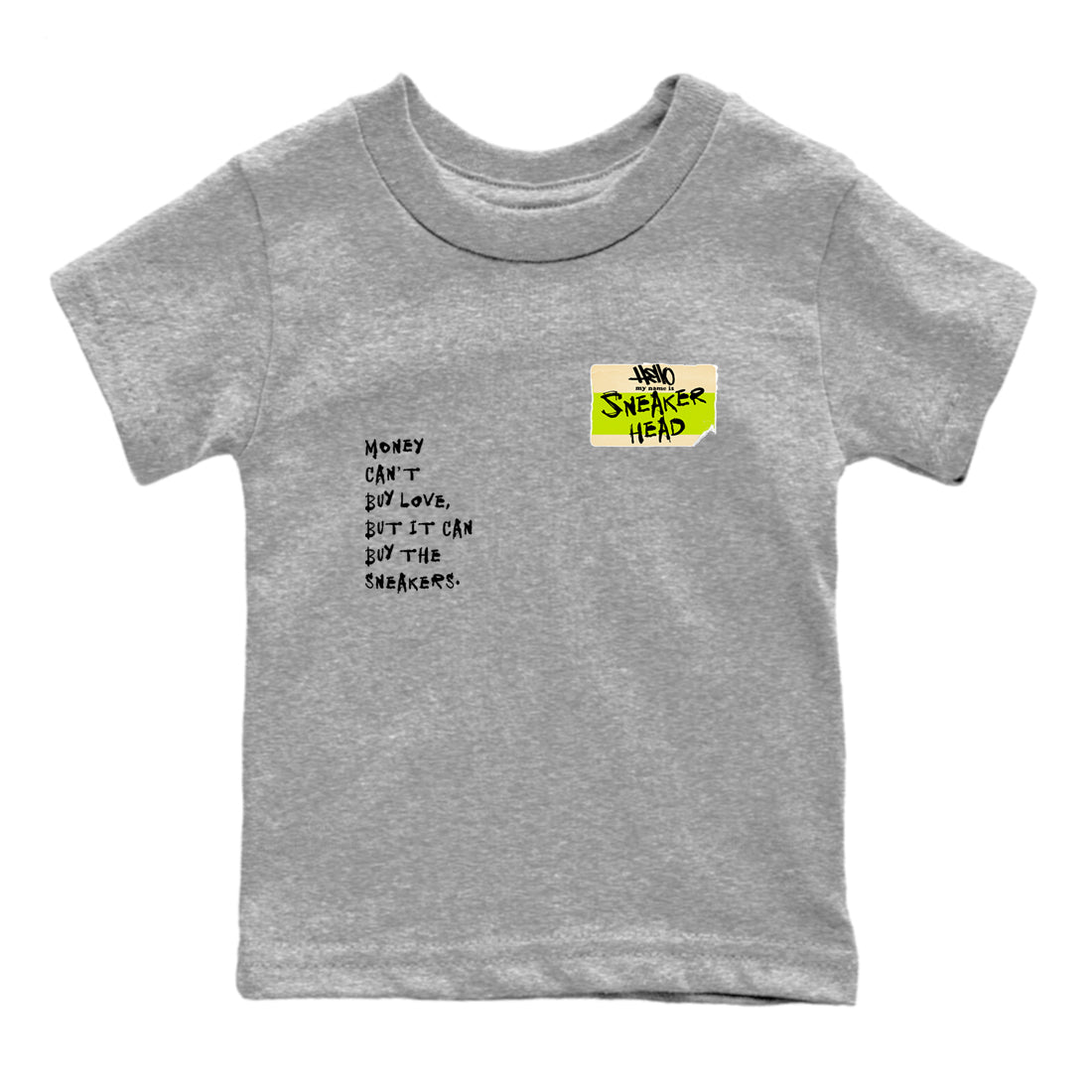 Sneakerhead Badge baby and kids t-shirt crafted for little sneakerheads to shine with the Jordan Jumpman Jack Travis Scott Bright Cactus sneakers, displayed in Heather Grey 2.