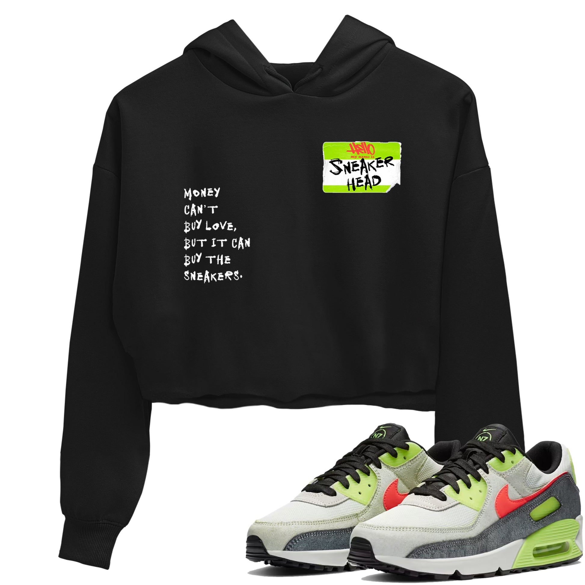 Sneaker Threads – Sneaker Tees To Match Air Max 90 Spruce Aura and Ghost Green – Sneakerhead Badge Crop Tee Black 1. Perfect for Jordan releases 2025 colorways.