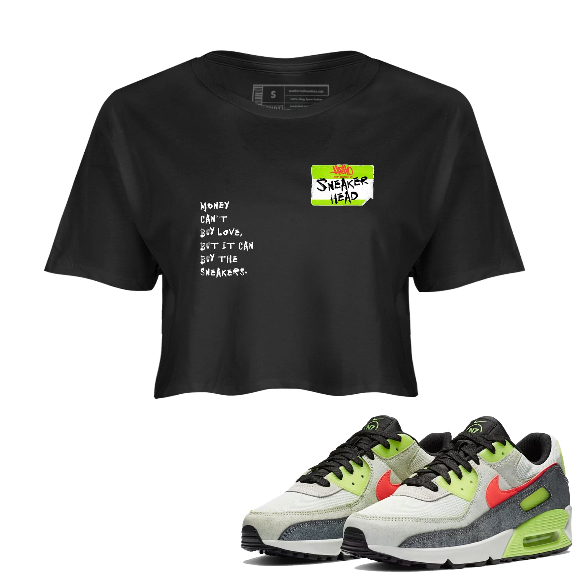 Sneaker Threads – Sneaker Tees To Match Air Max 90 Spruce Aura and Ghost Green – Sneakerhead Badge Crop Tee Black 1. Perfect for Jordan releases 2025 colorways.
