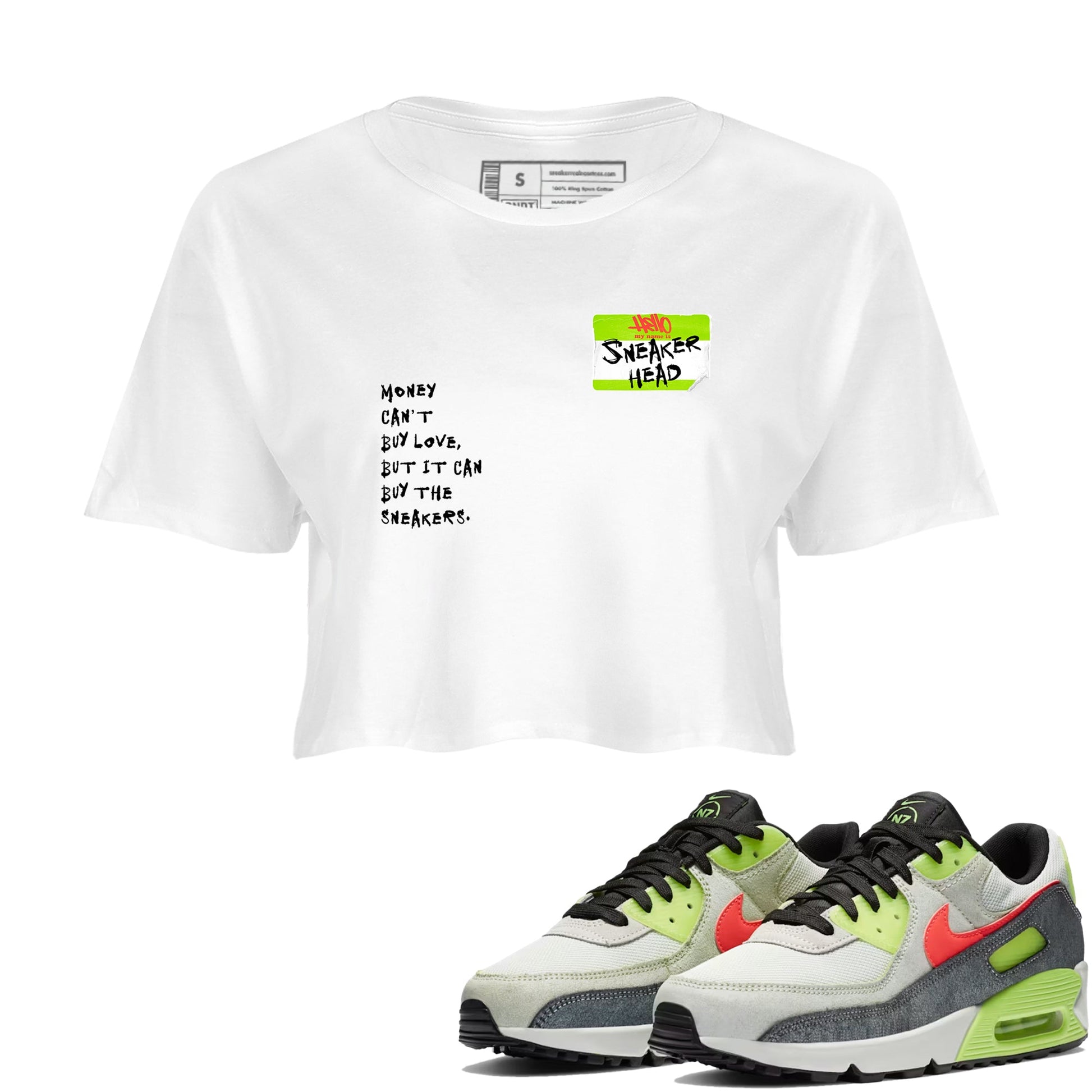 Sneaker Threads – Sneaker Tees To Match Air Max 90 Spruce Aura and Ghost Green – Sneakerhead Badge Crop Tee White 1. Perfect for Jordan releases 2025 colorways.