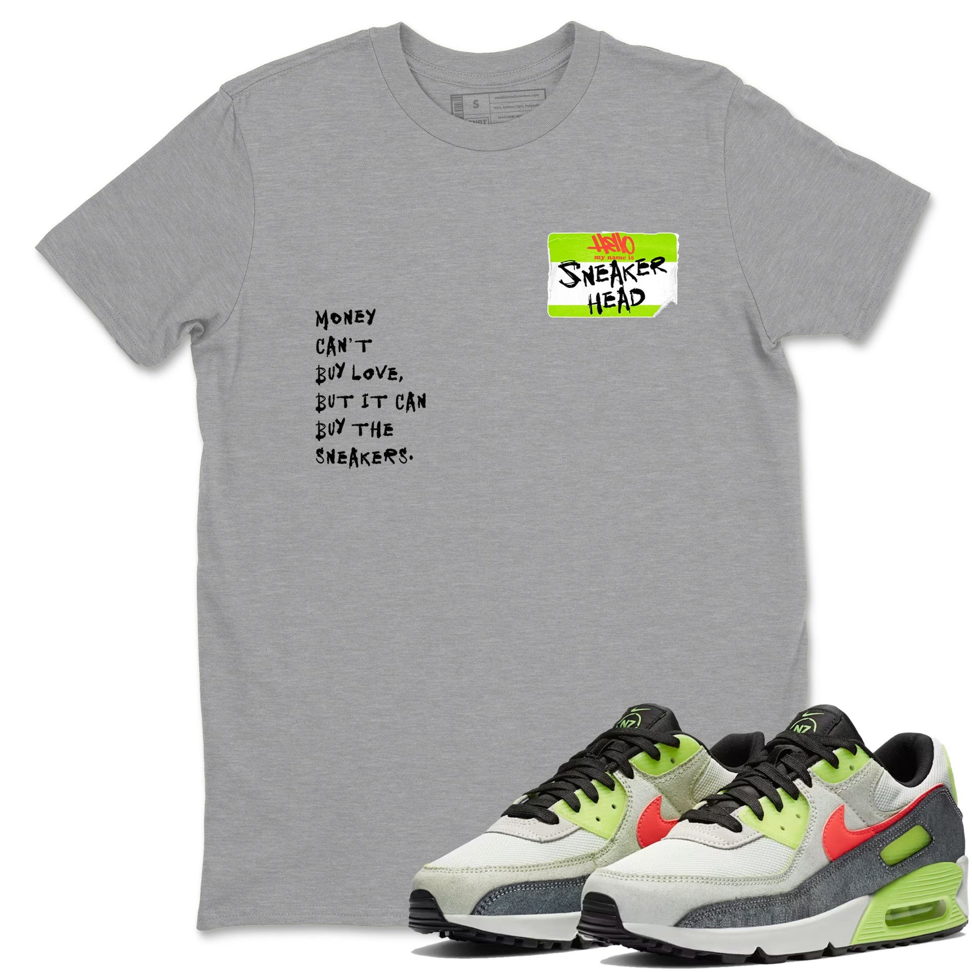 Sneaker Threads – Sneaker Tees To Match Air Max 90 Spruce Aura and Ghost Green – Sneakerhead Badge Graphic Tee Heather Grey 1. Perfect for Jordan releases 2025 colorways.