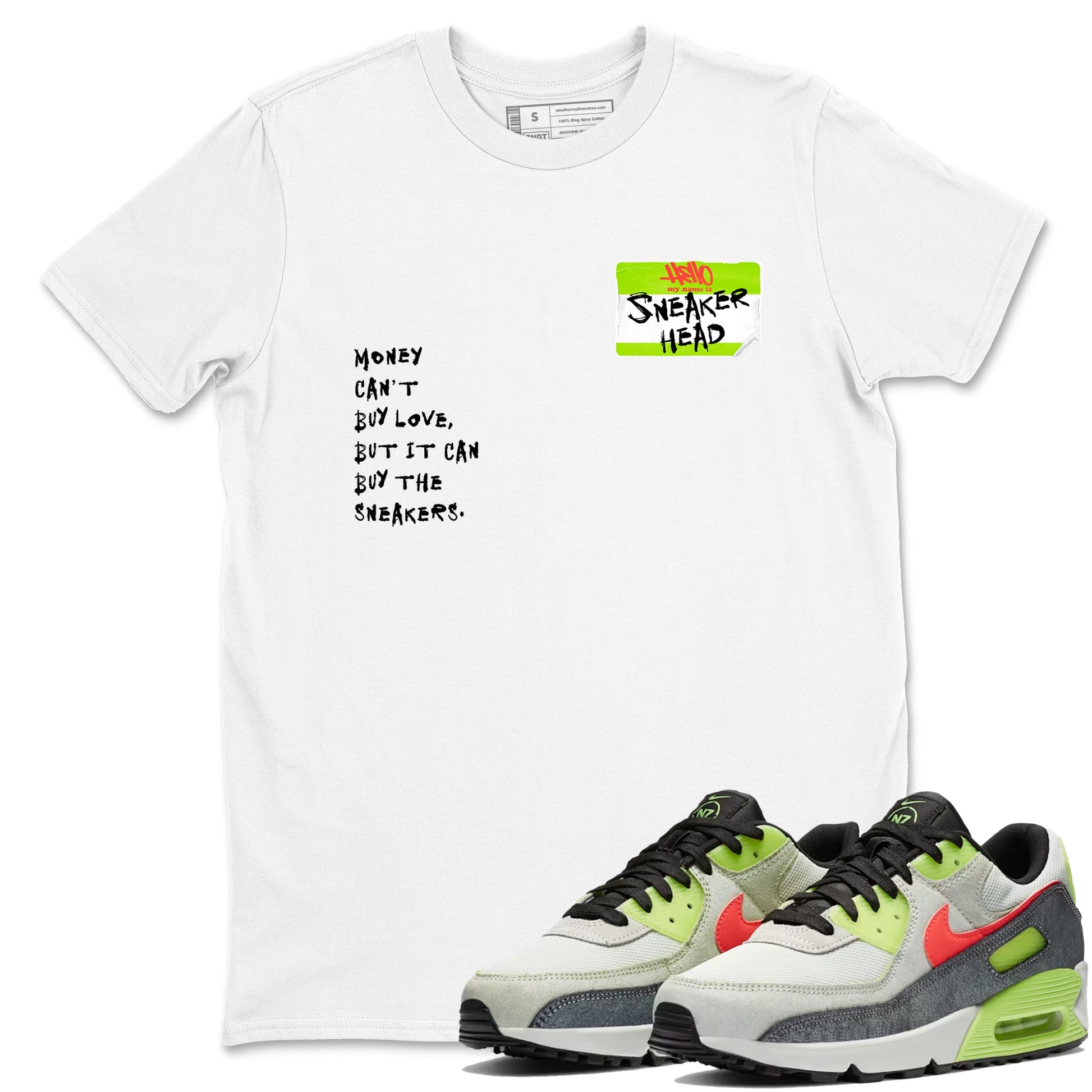 Sneaker Threads – Sneaker Tees To Match Air Max 90 Spruce Aura and Ghost Green – Sneakerhead Badge Graphic Tee White 1. Perfect for Jordan releases 2025 colorways.