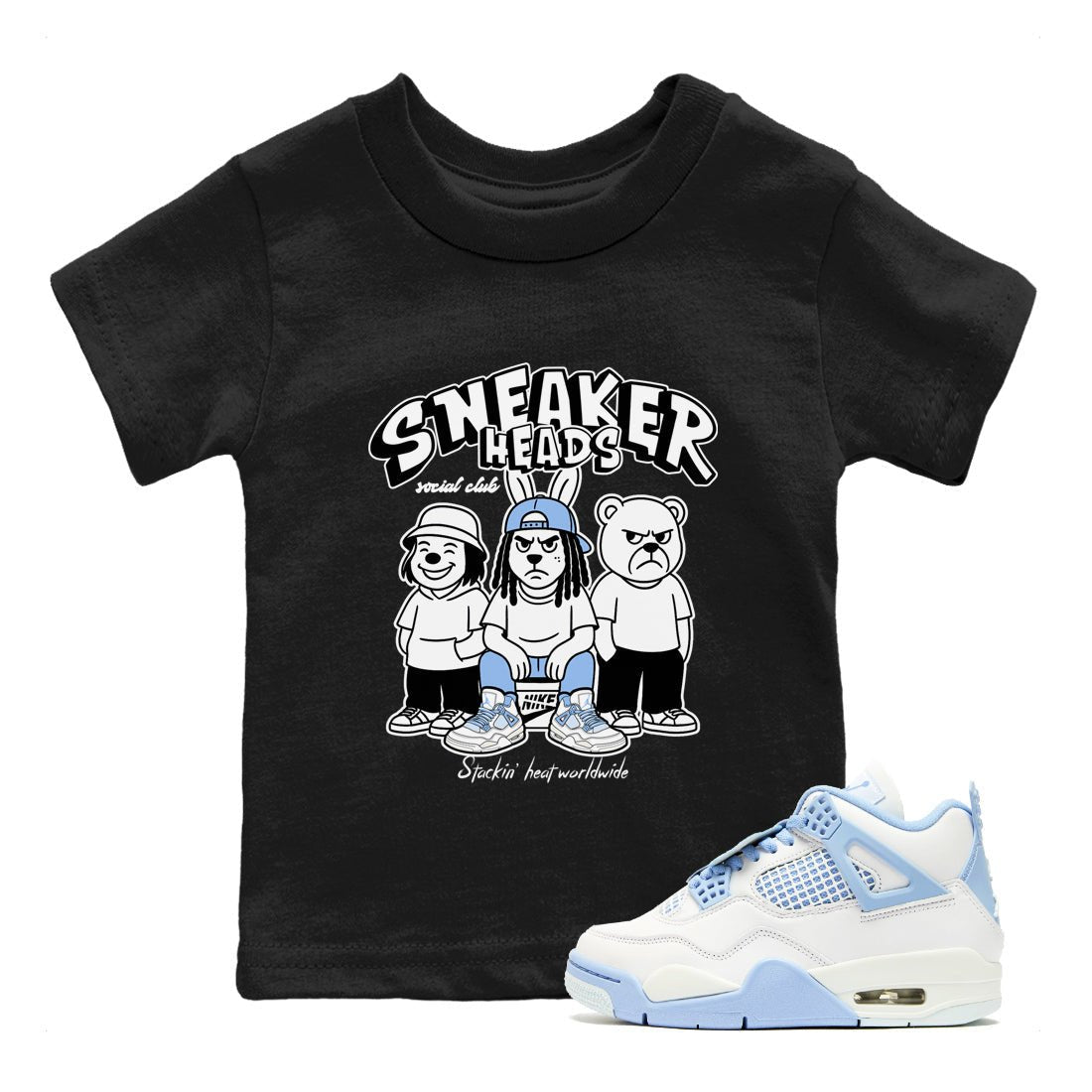 Sneakerhead Social Club baby and kids t-shirt crafted for little sneakerheads to shine with the Air Jordan 4 Aluminum sneakers, displayed in Black 1.