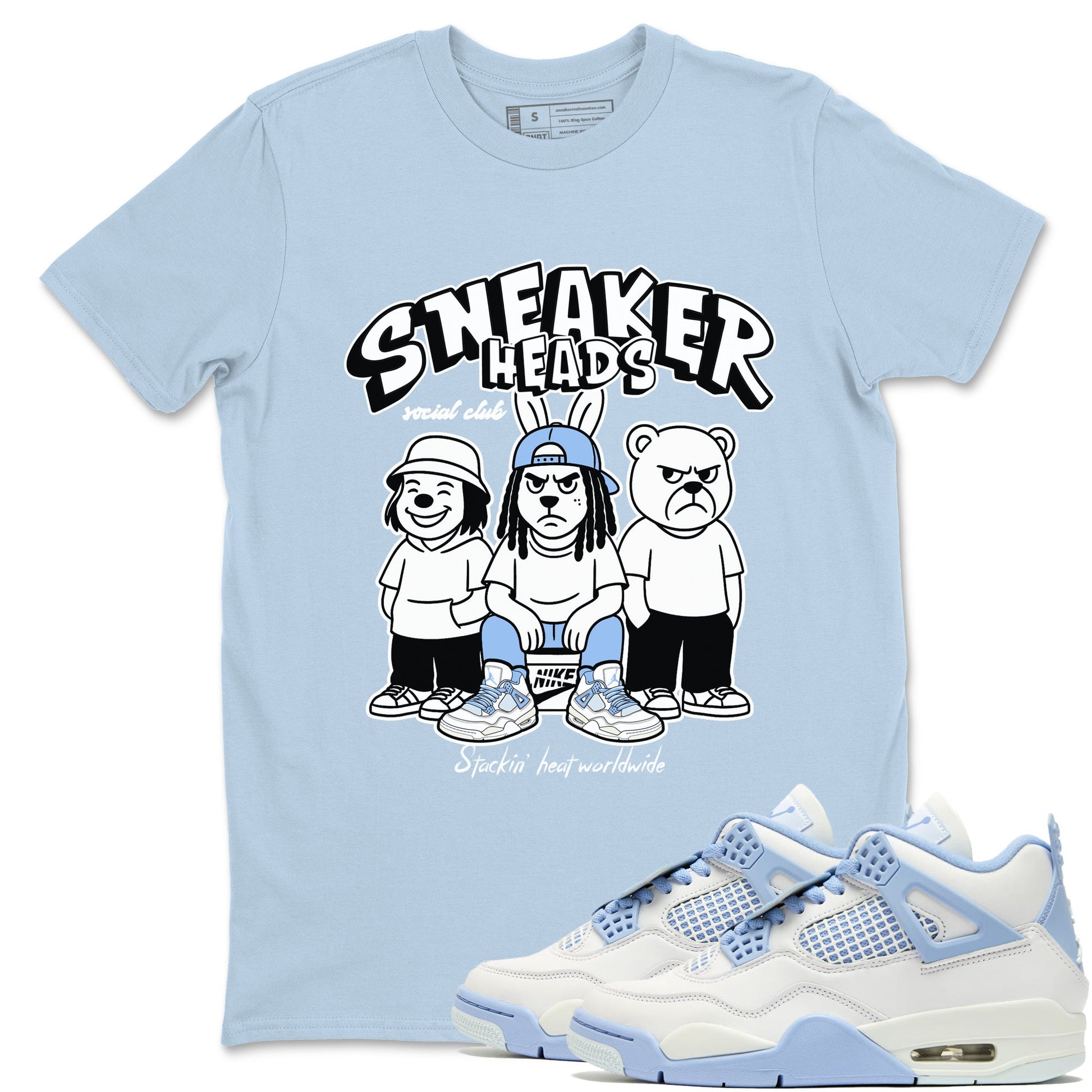 Sneakerhead Social Club sneaker match t-shirt styled to complete your fit with the Air Jordan 4 Aluminum sneakers, shown in Light Blue 1.
