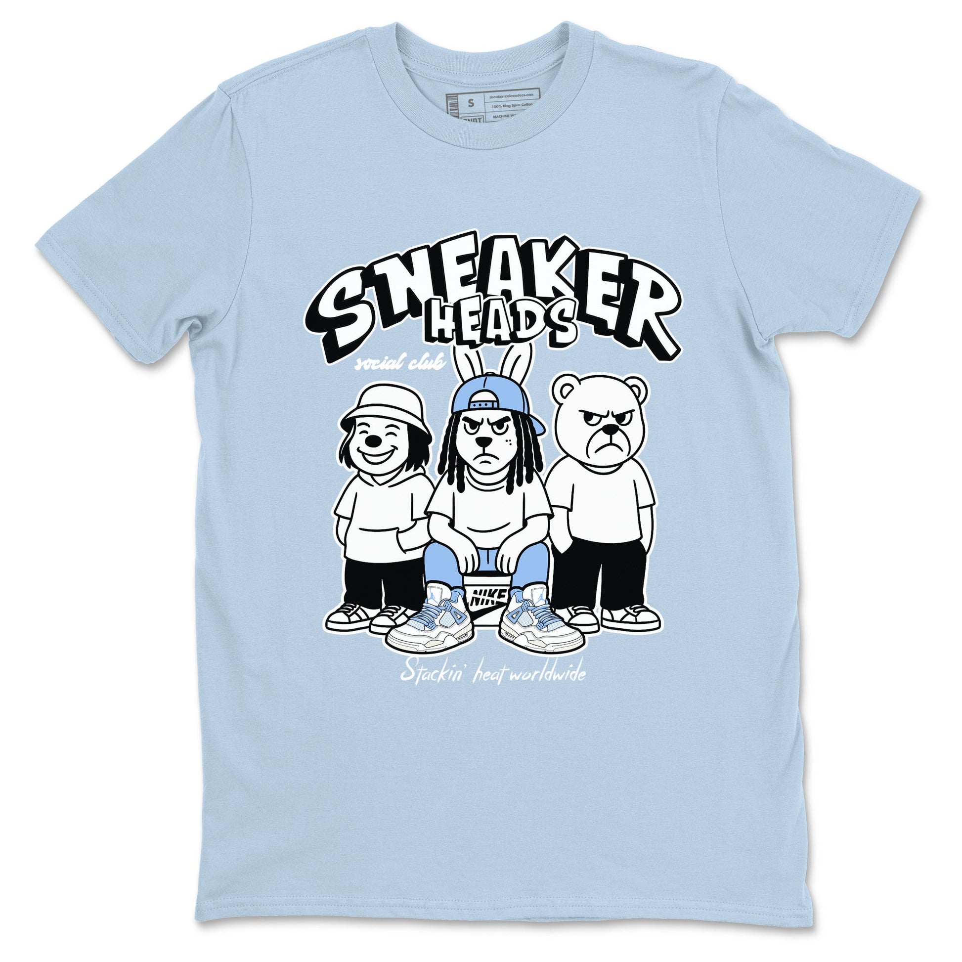 Sneakerhead Social Club sneaker match t-shirt styled to complete your fit with the Air Jordan 4 Aluminum sneakers, shown in Light Blue 2.