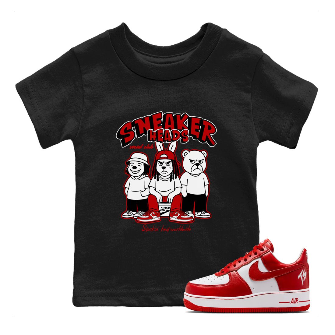 Sneakerheads Social Club baby and kids t-shirt crafted for little sneakerheads to shine with the Air Force 1 University Red sneakers, displayed in Black 1.