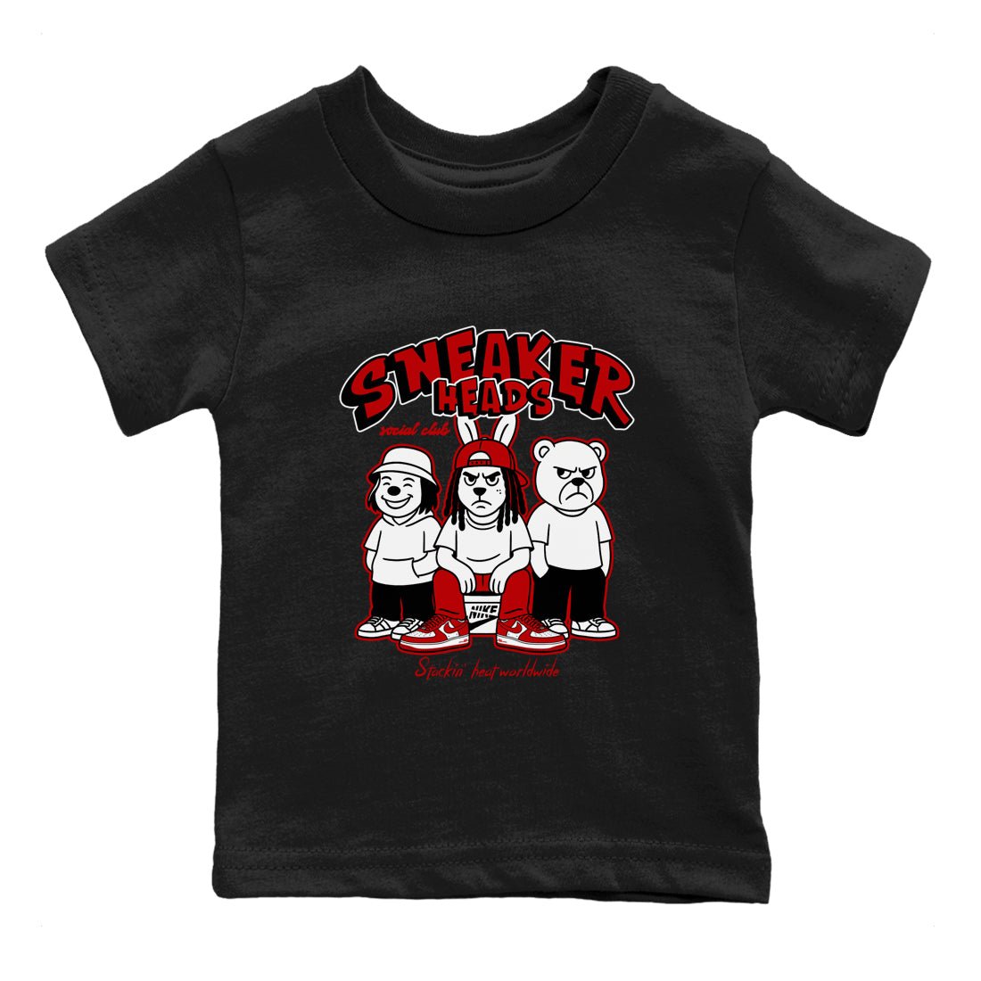 Sneakerheads Social Club baby and kids t-shirt crafted for little sneakerheads to shine with the Air Force 1 University Red sneakers, displayed in Black 2.