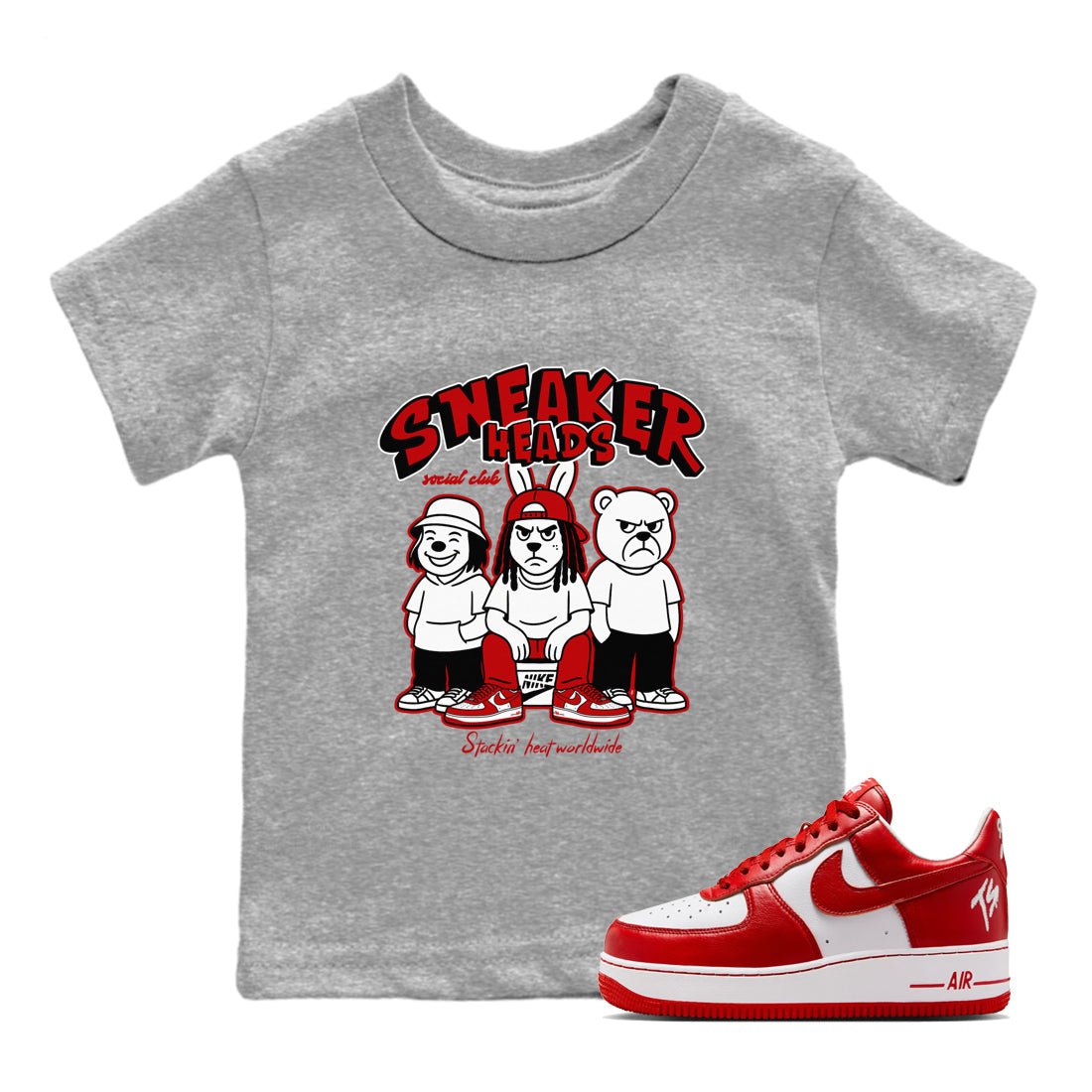 Sneakerheads Social Club baby and kids t-shirt crafted for little sneakerheads to shine with the Air Force 1 University Red sneakers, displayed in Heather Grey 1.