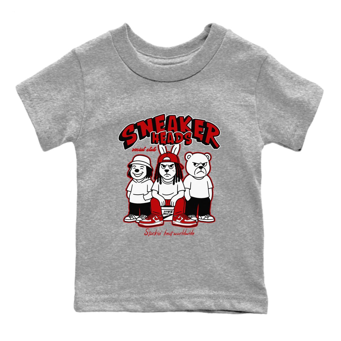Sneakerheads Social Club baby and kids t-shirt crafted for little sneakerheads to shine with the Air Force 1 University Red sneakers, displayed in Heather Grey 2.