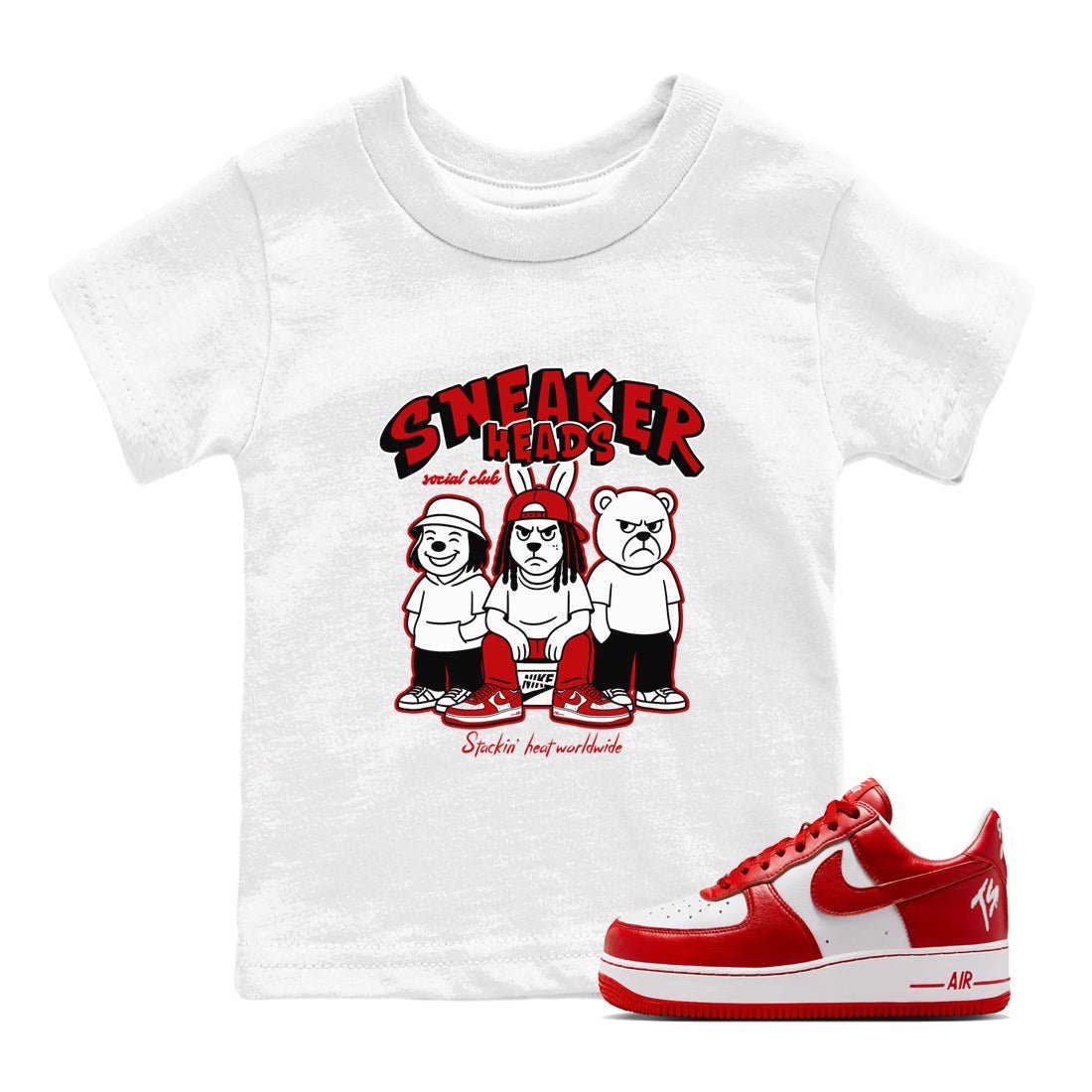 Sneakerheads Social Club baby and kids t-shirt crafted for little sneakerheads to shine with the Air Force 1 University Red sneakers, displayed in White 1.