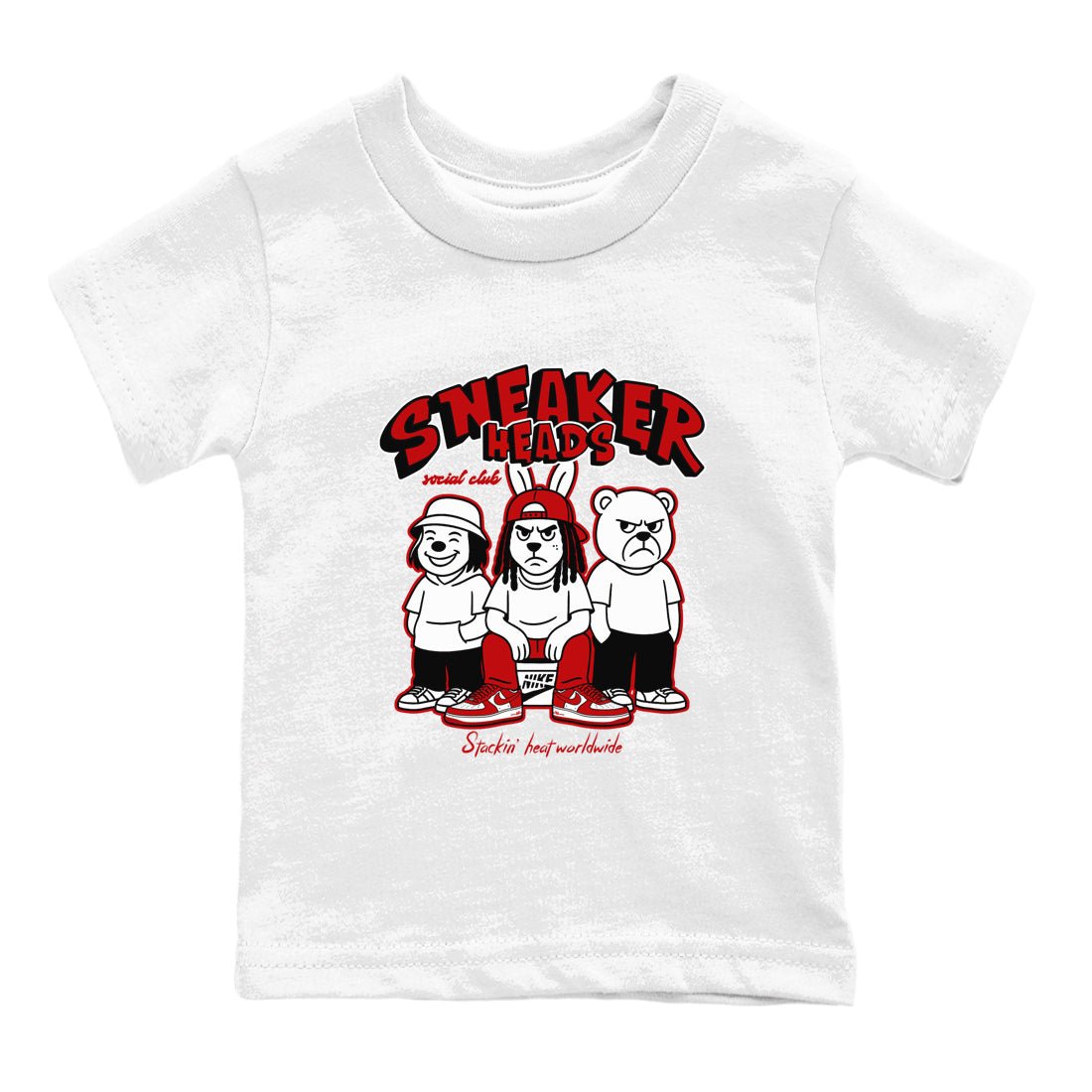 Sneakerheads Social Club baby and kids t-shirt crafted for little sneakerheads to shine with the Air Force 1 University Red sneakers, displayed in White 2.