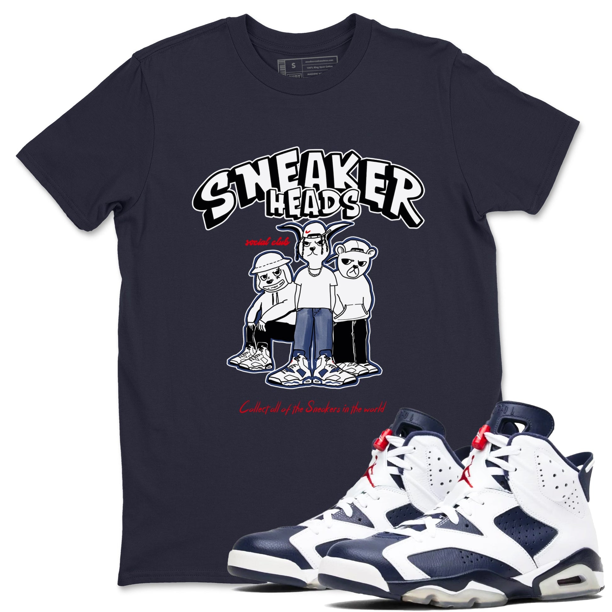 6s Olympic shirts to match jordans Sneakerheads Social Club sneaker match tees Air Jordan 6 Olympic SNRT Sneaker Tees streetwear brand Navy 1 unisex cotton tee