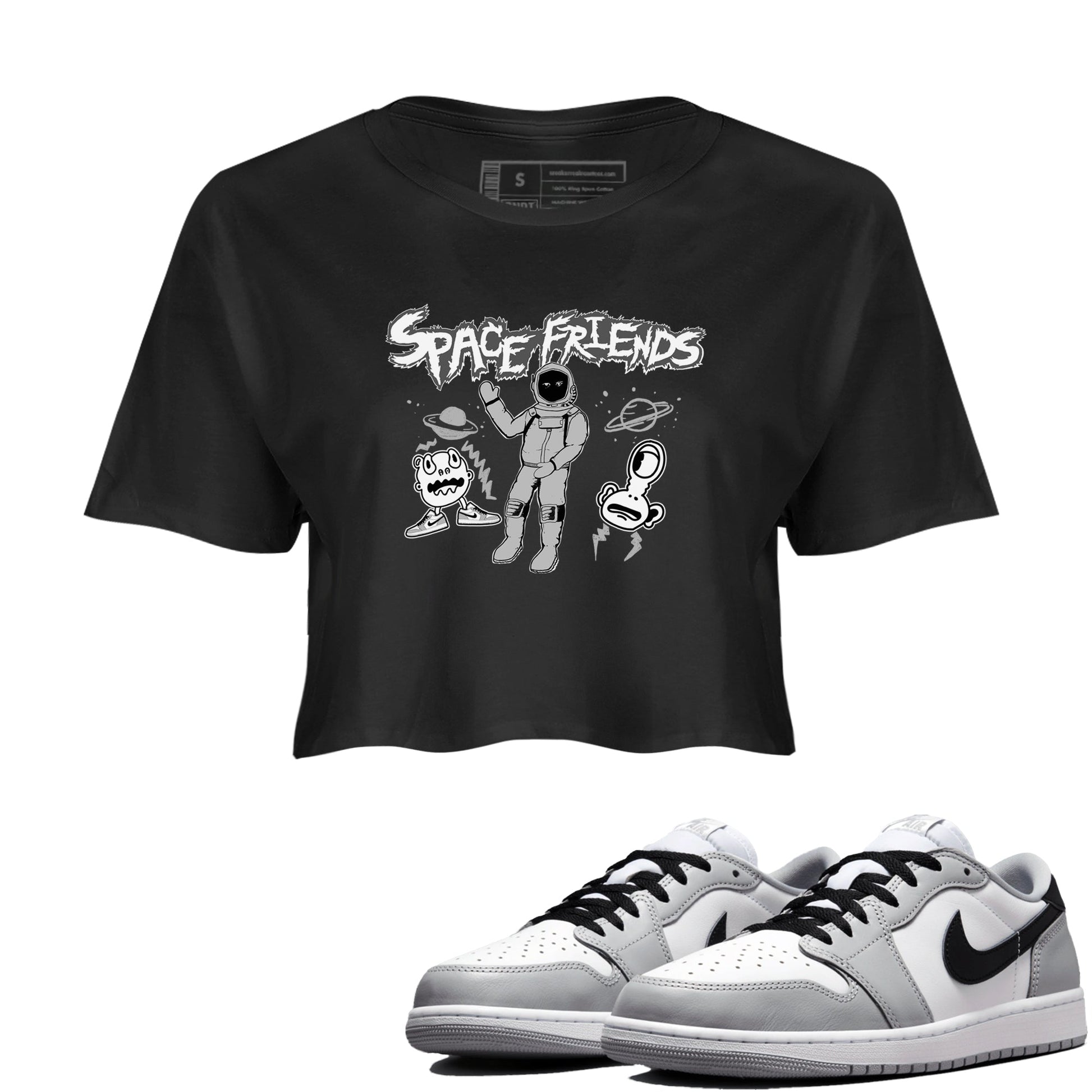1s Wolf Grey shirts to match jordans Space Friends sneaker match tees Air Jordan 1 Wolf Grey SNRT Sneaker Tees streetwear brand Black 1 crop tee