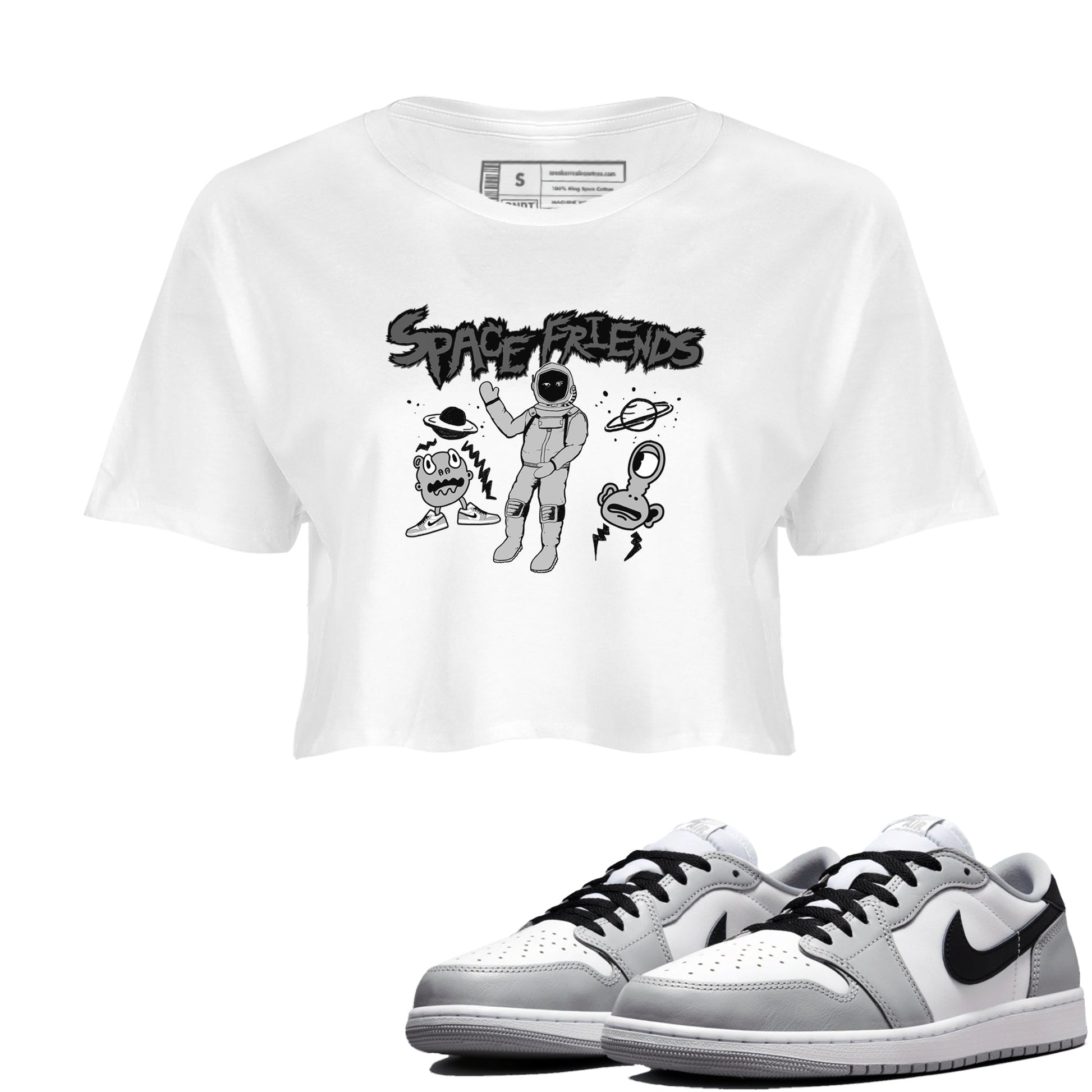 1s Wolf Grey shirts to match jordans Space Friends sneaker match tees Air Jordan 1 Wolf Grey SNRT Sneaker Tees streetwear brand White 1 crop tee